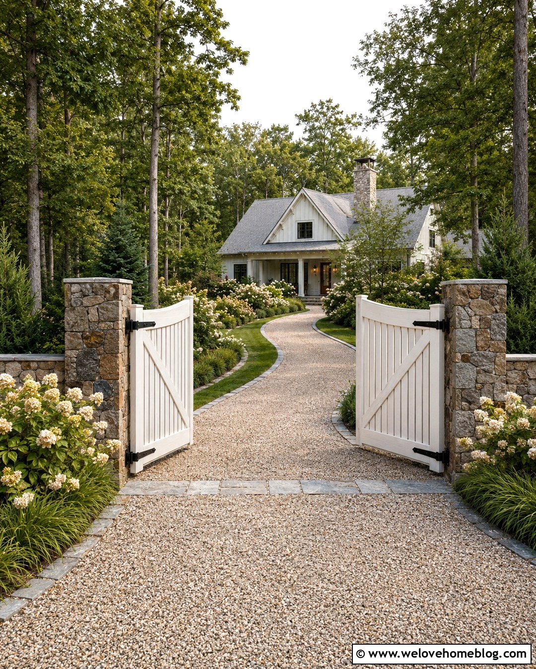 White Wood Driveway Gate With Stone Pillars - 25 White Driveway Gate Ideas