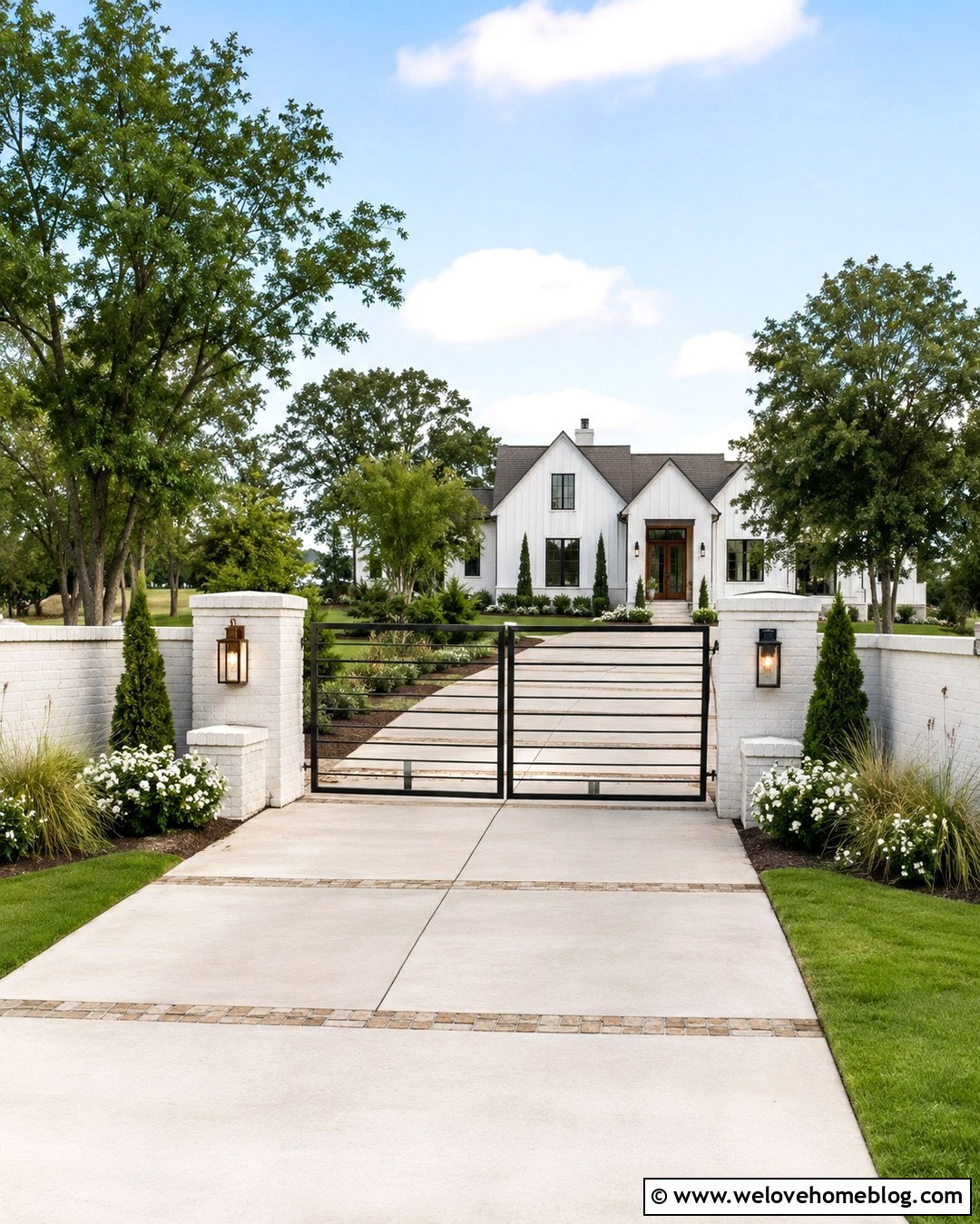 Whitewashed Brick Driveway Gate With Black Steel - 20 Luxury Brick Driveway Gate Ideas
