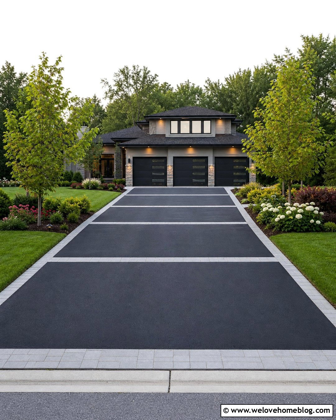 Wide Asphalt Driveway With Paver Bands - 40 Asphalt Driveway Ideas