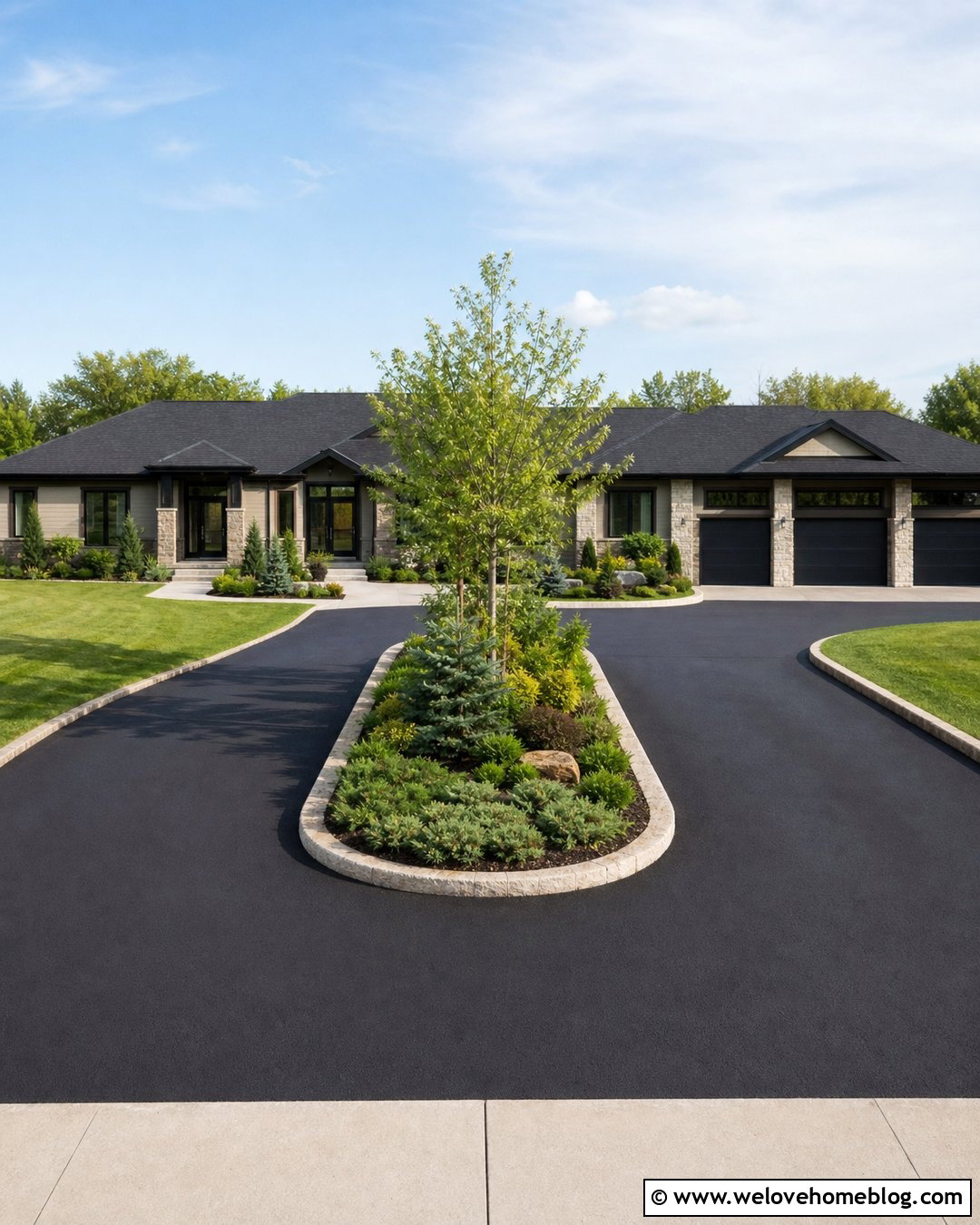 Wide Bitumen Driveway With Center Planting Bed - 25 Bitumen Driveway Ideas