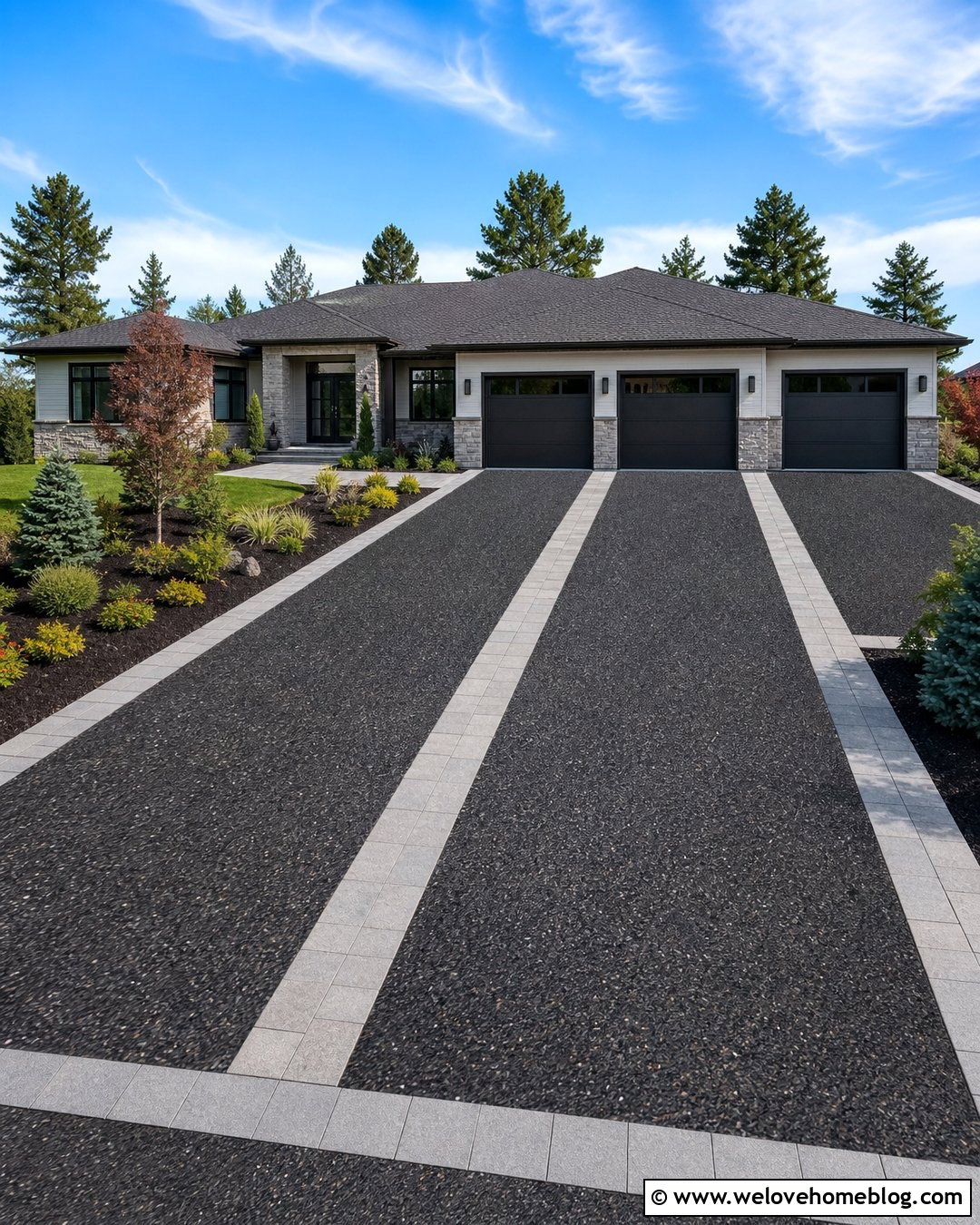 Wide Black Aggregate Driveway With Paver Ribbons - 20 black aggregate driveway ideas