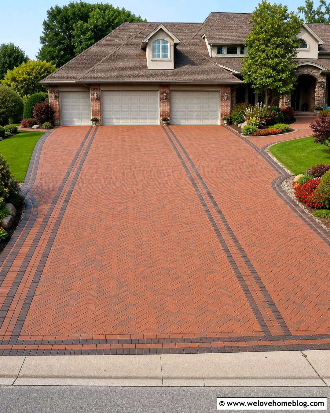 Wide Brick Driveway For A Three Car Garage - 20 Brick Driveway In Suburban Neighborhood Ideas