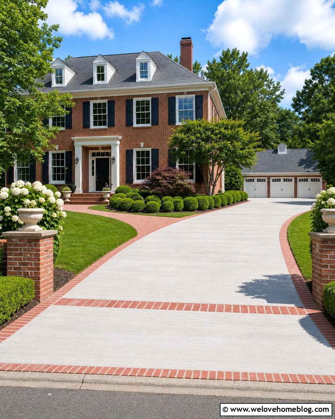 Wide Broom Finish Concrete Driveway With Brick Border - 20 Large Concrete Driveway Ideas