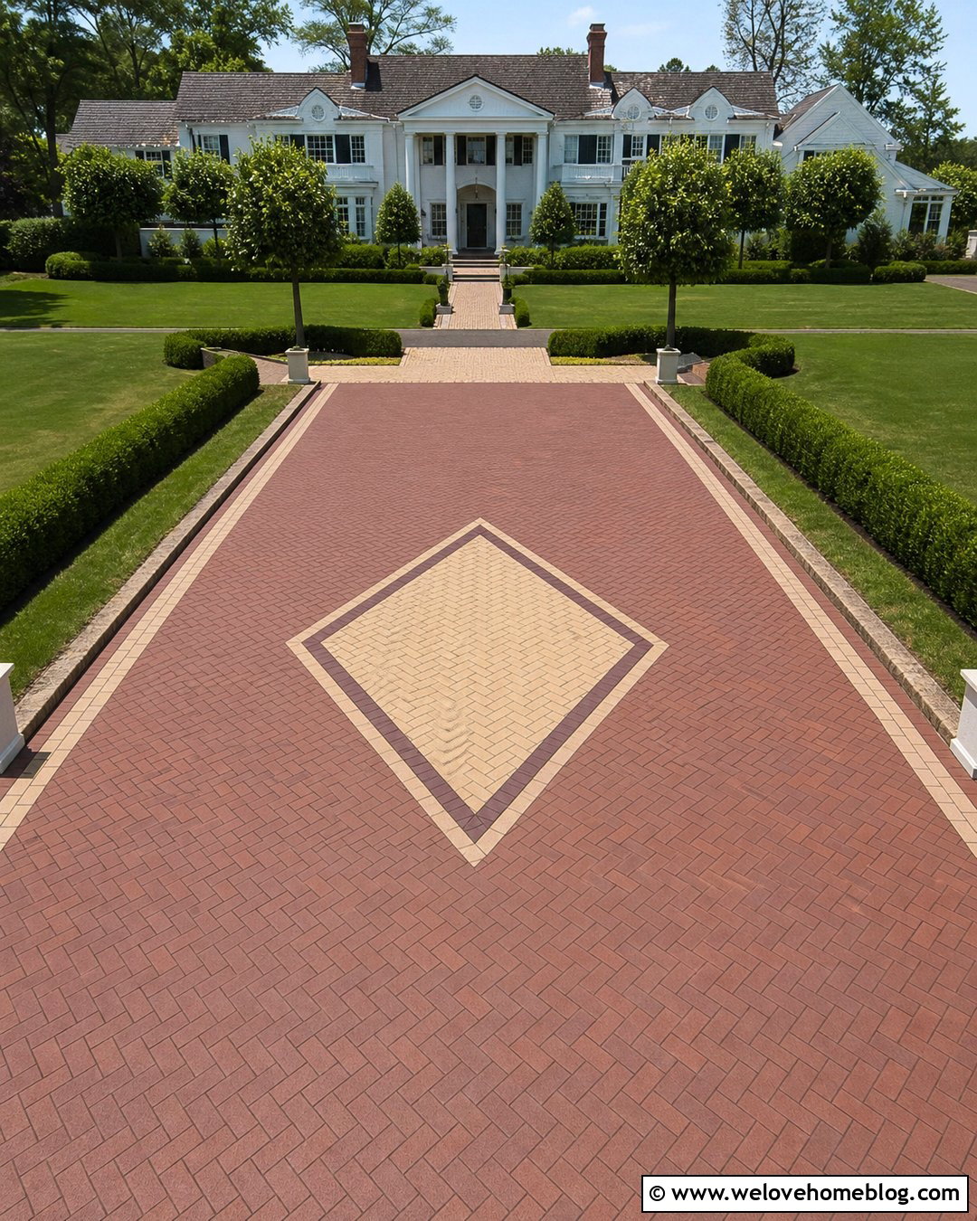 Wide Clay Paver Driveway With Diamond Inlay - 20 Clay Pavers Driveway Ideas