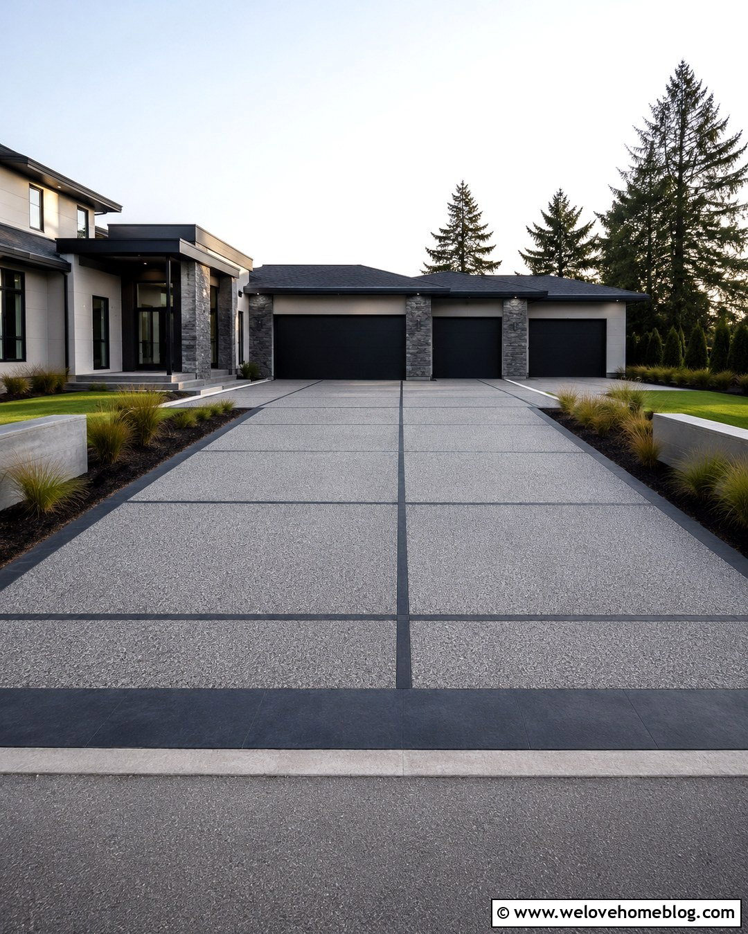 Wide Dark Exposed Aggregate Driveway With Geometric Grid - 20 Dark Exposed Aggregate Driveway Ideas