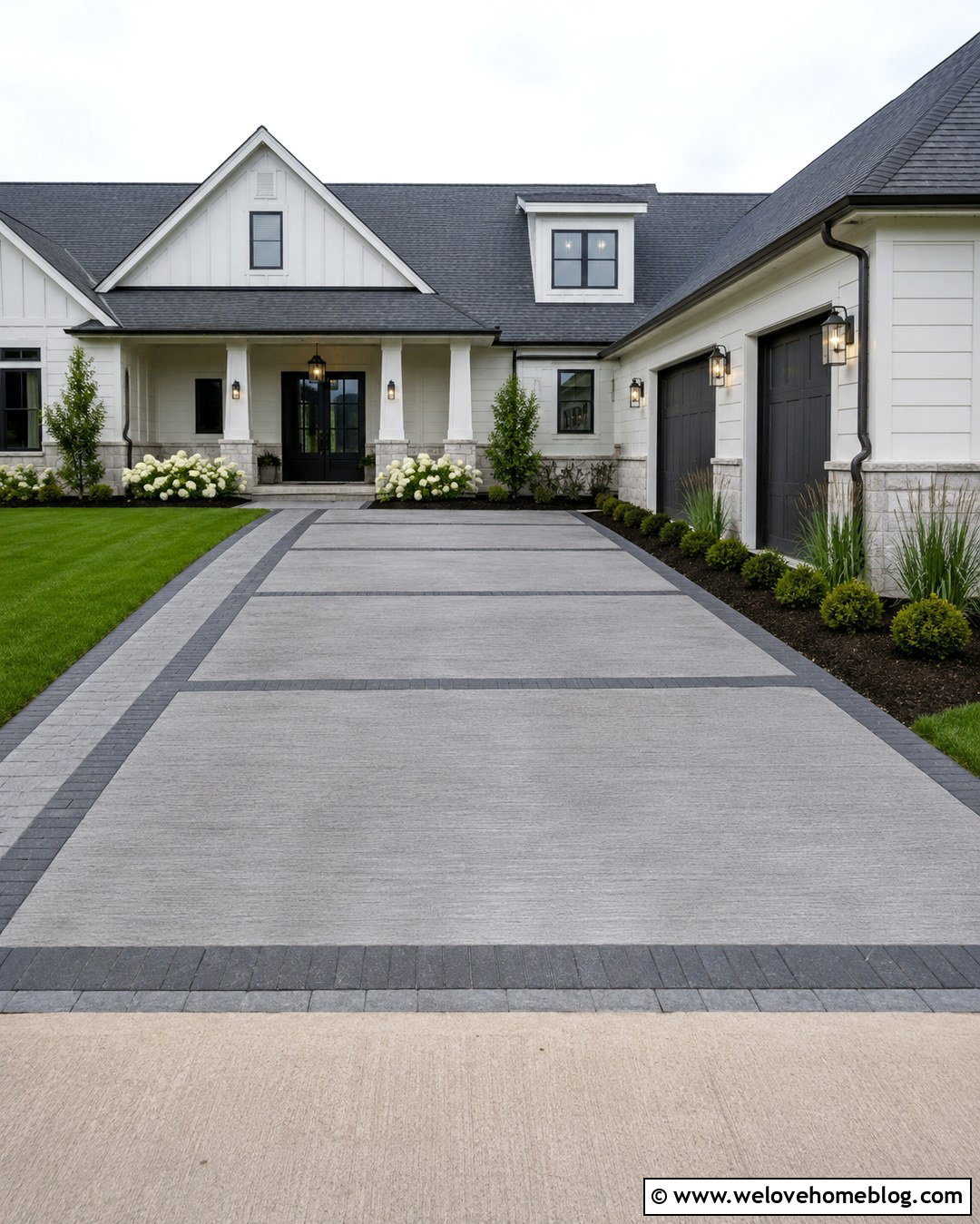 Wide Driveway With Decorative Concrete Bands - 20 Wide Driveway Ideas