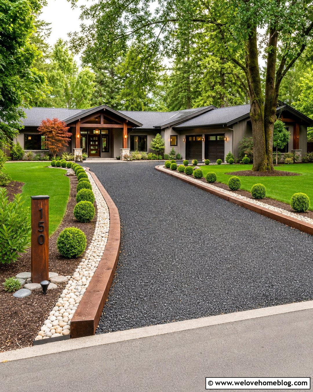 Wide Driveway With Double Timber Borders - 20 Landscape Timber Driveway Edging Ideas