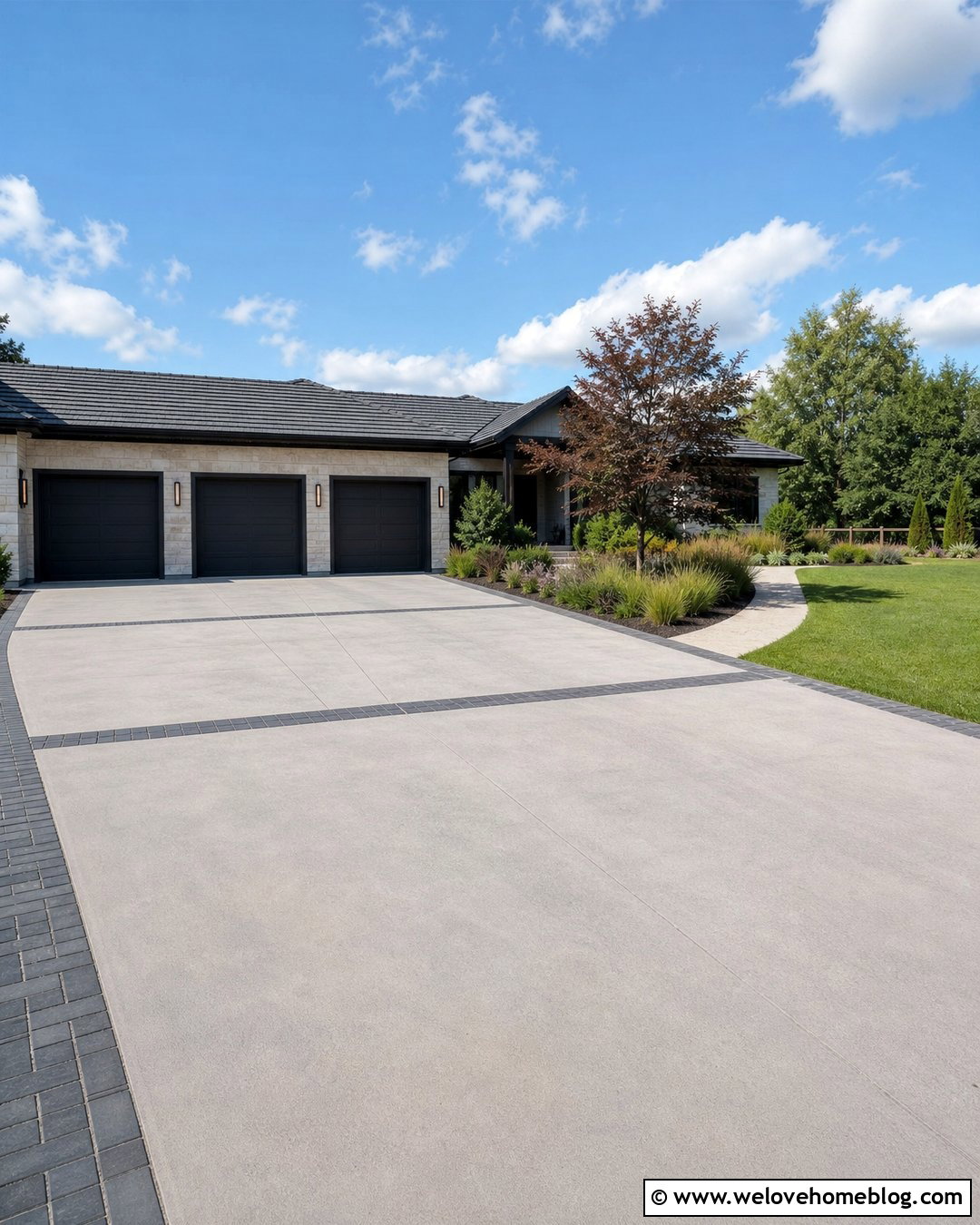 Wide Driveway With Landscaped Parking Court - 50 Driveway Ideas