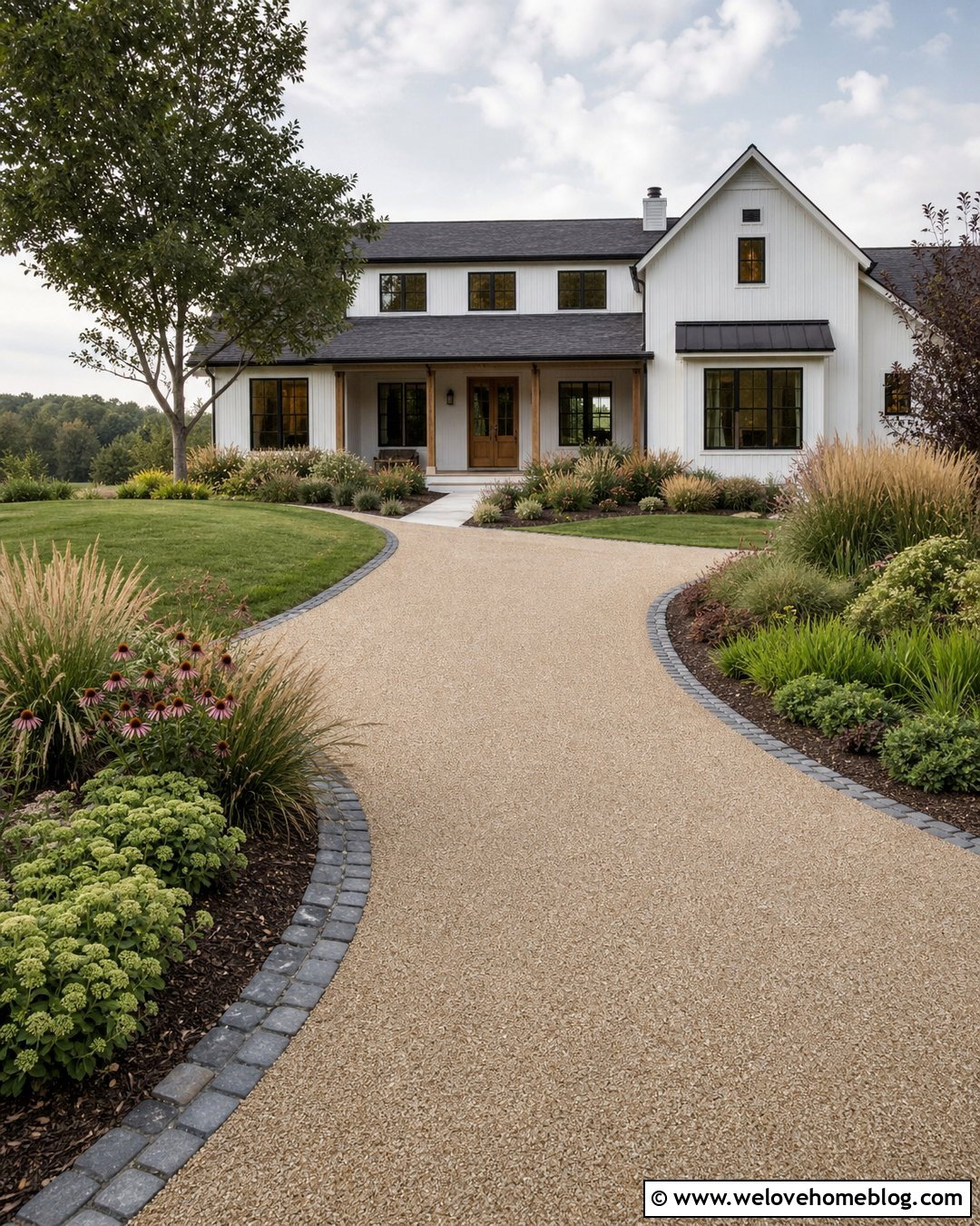 Wide Driveway With Ornamental Grass Beds - 20 wide driveway landscaping ideas