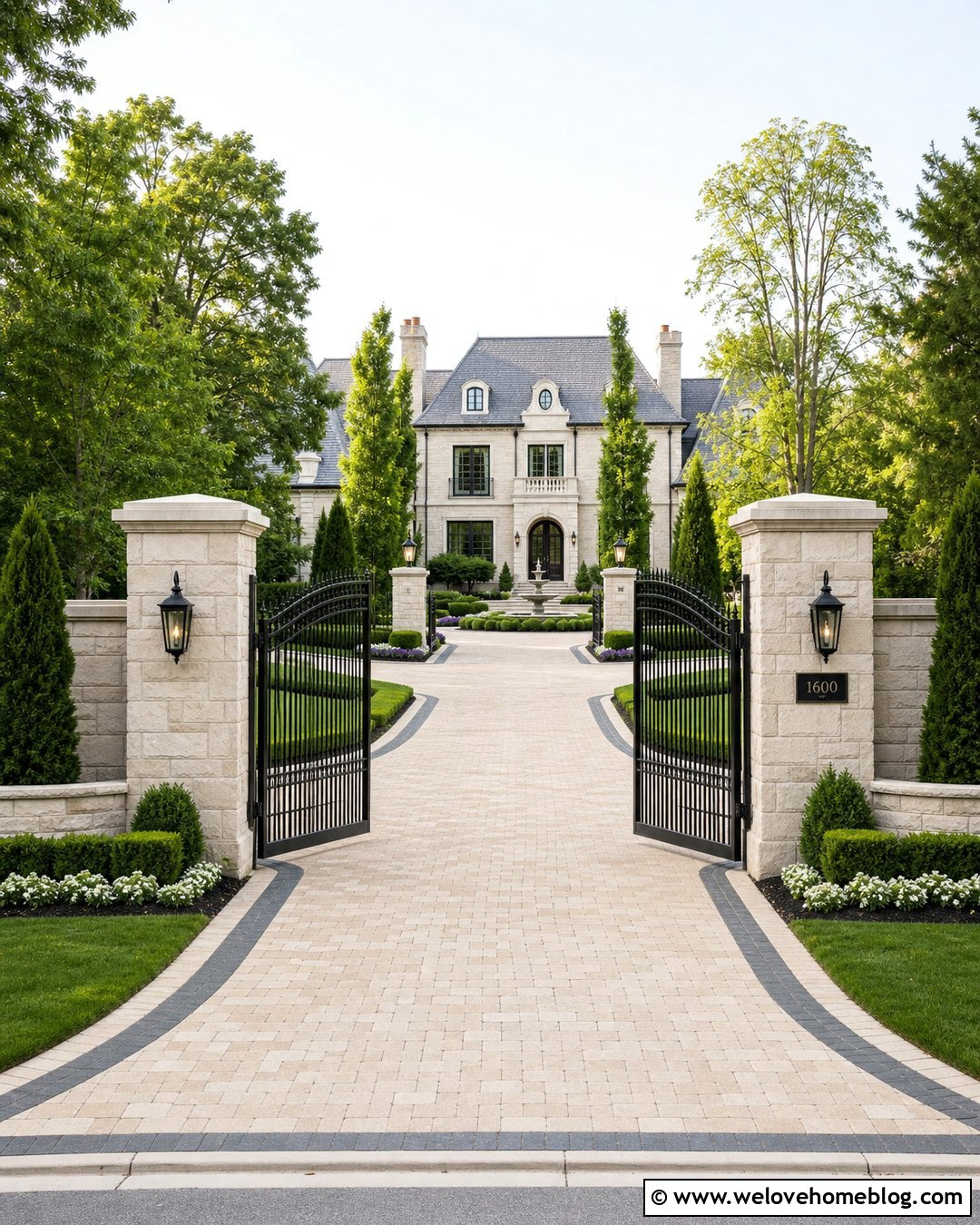 Wide Estate Driveway Gate With Masonry Columns - 35 Front Gate Entrance Driveway Ideas