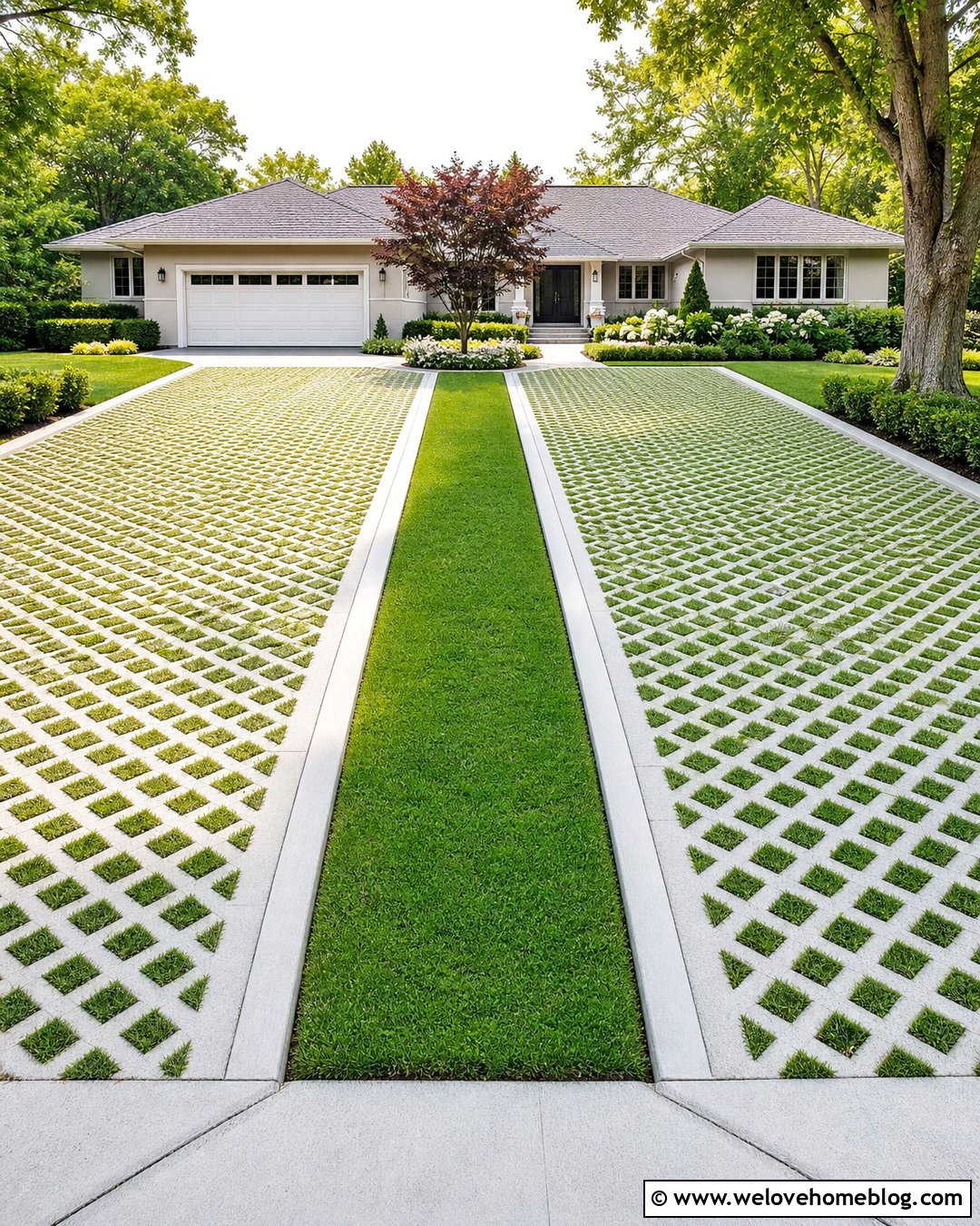 Wide Grasscrete Driveway With A Center Grass Strip - 20 Grasscrete Driveway Ideas