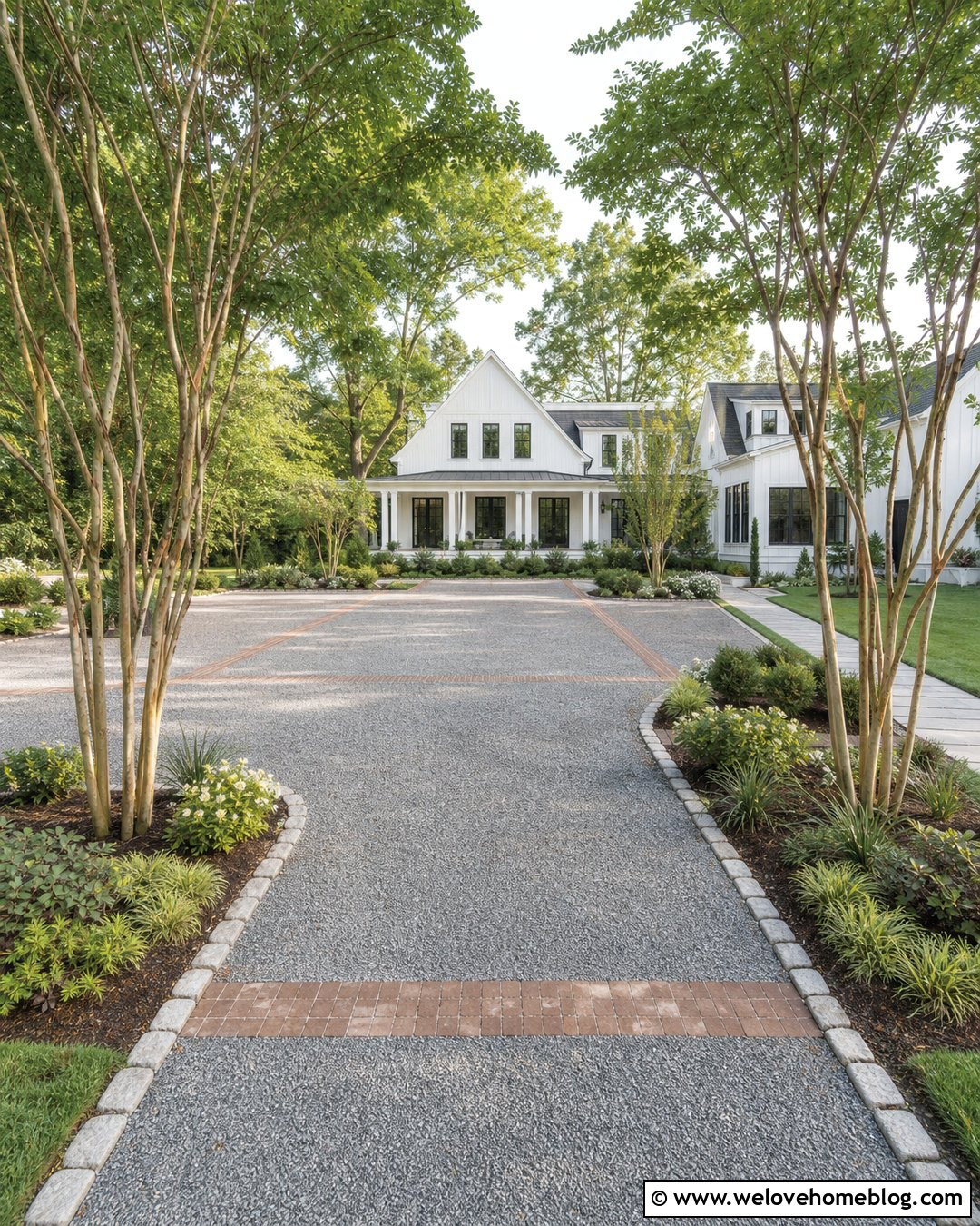 Wide Gravel Driveway With Paver Parking Bands - 20 Farmhouse Gravel Driveway Ideas