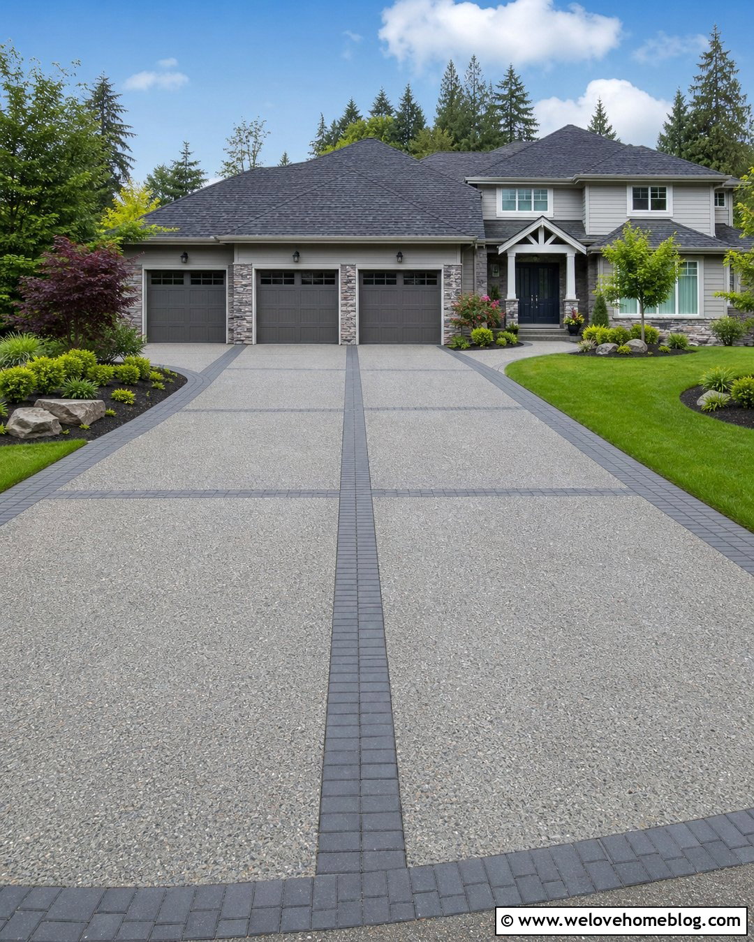Wide Grey Exposed Aggregate Driveway With Segmented Panels - 20 Grey Exposed Aggregate Driveway Ideas