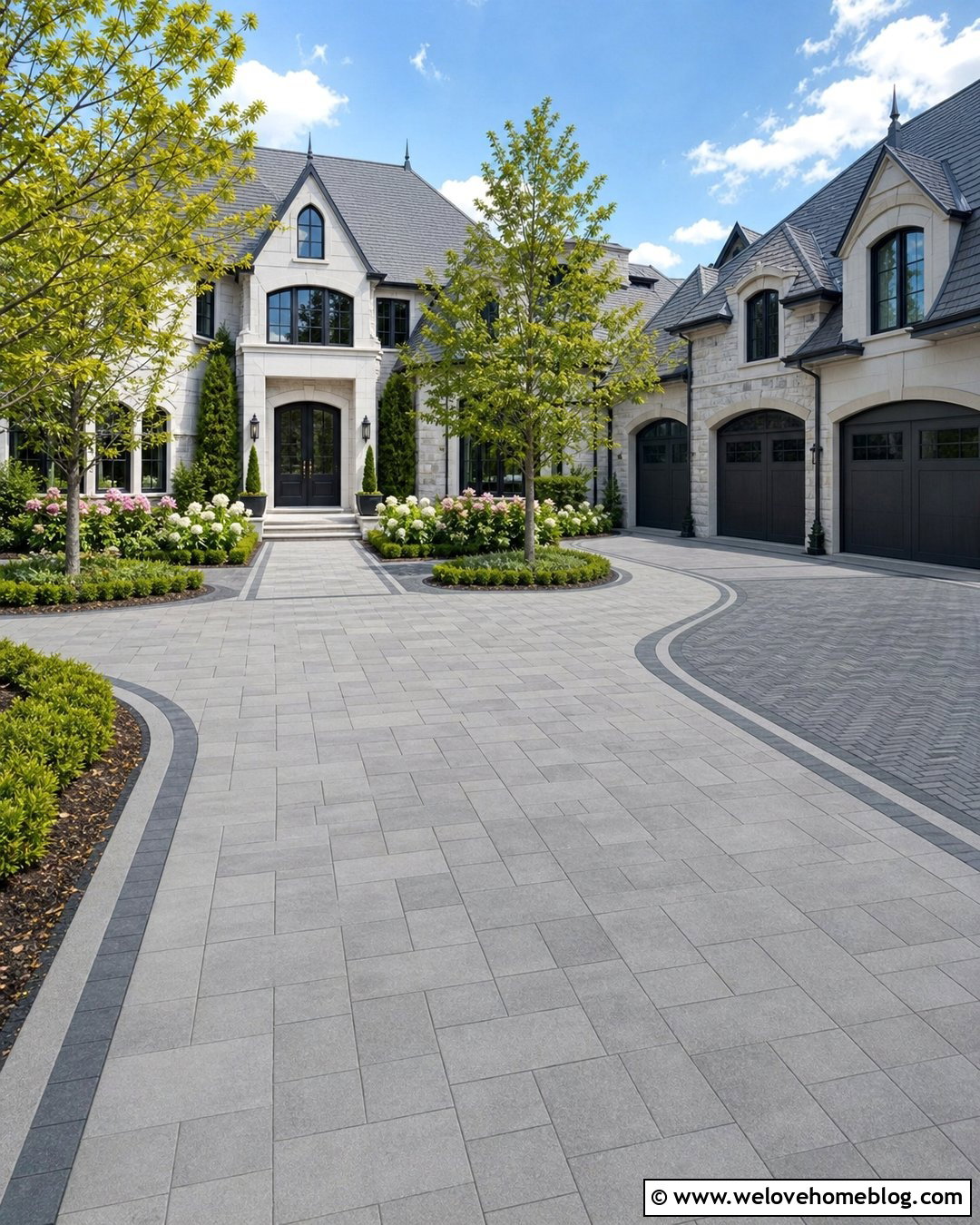 Wide Paver Motor Court With Mixed Patterns - 35 Paver Driveway Ideas