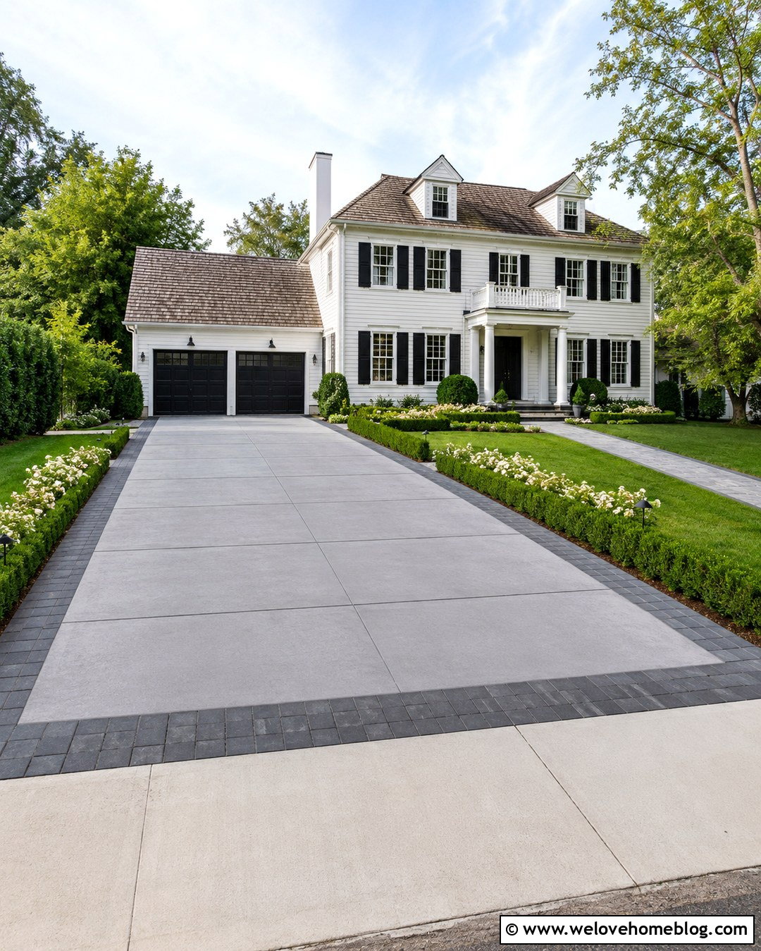 Wide Plain Concrete Driveway With Paver Borders - 20 Plain Concrete Driveway Ideas