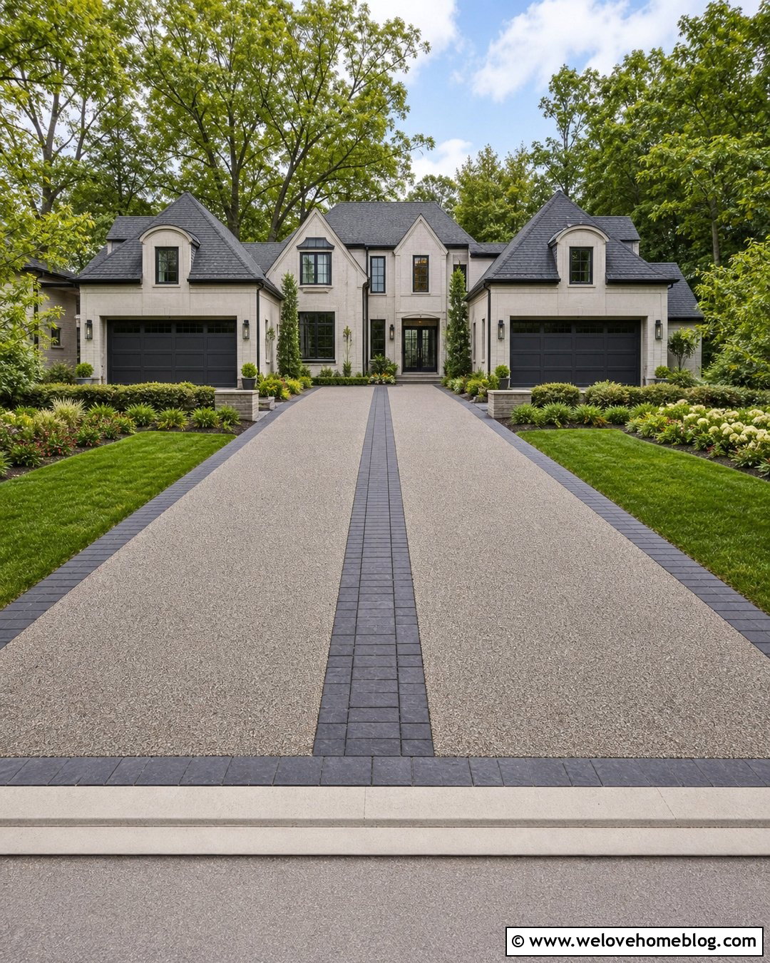 Wide Resin Driveway With Center Paver Ribbon - 40 resin driveway ideas