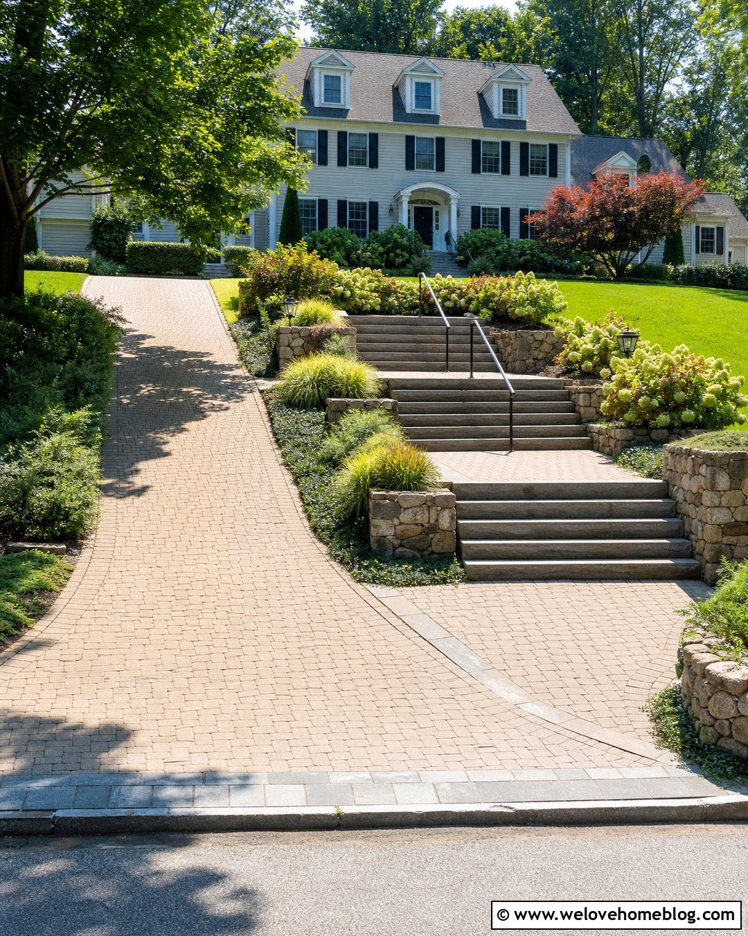 Wide Steps Beside a Steep Paver Driveway - 20 Steep Driveway Steps Ideas