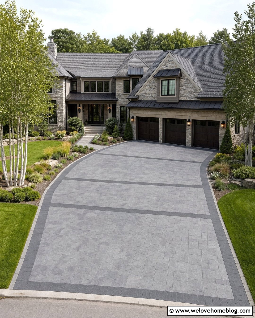 Wide Three Car Stamped Concrete Driveway - 35 Stamped Concrete Driveway Ideas