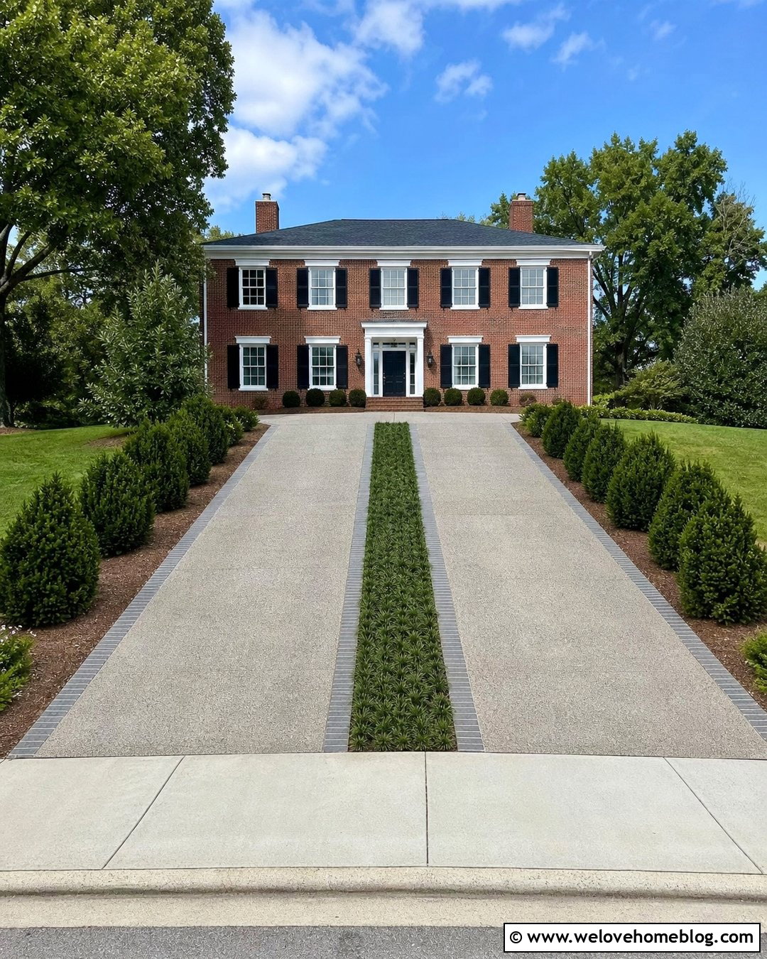 Wide Uphill Driveway With Landscaped Center Strip - 25 Uphill Driveway Ideas