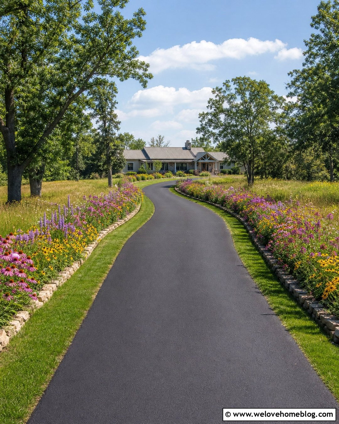 Wildflower Lined Asphalt Driveway - 25 flower lined driveway ideas