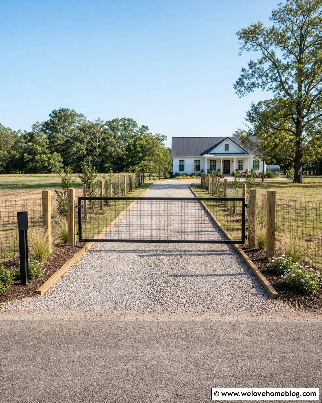Wire Mesh Country Gate With Budget Gravel Driveway - 20 Country Gates Driveway Ideas