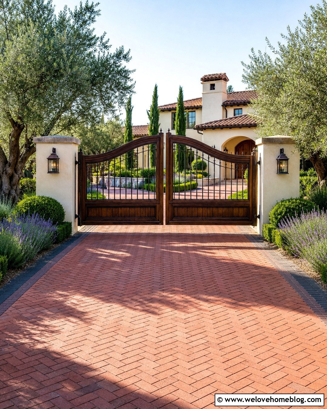 Wood And Iron Driveway Gate With Brick Pavers - 20 Wood Gates Driveway Ideas