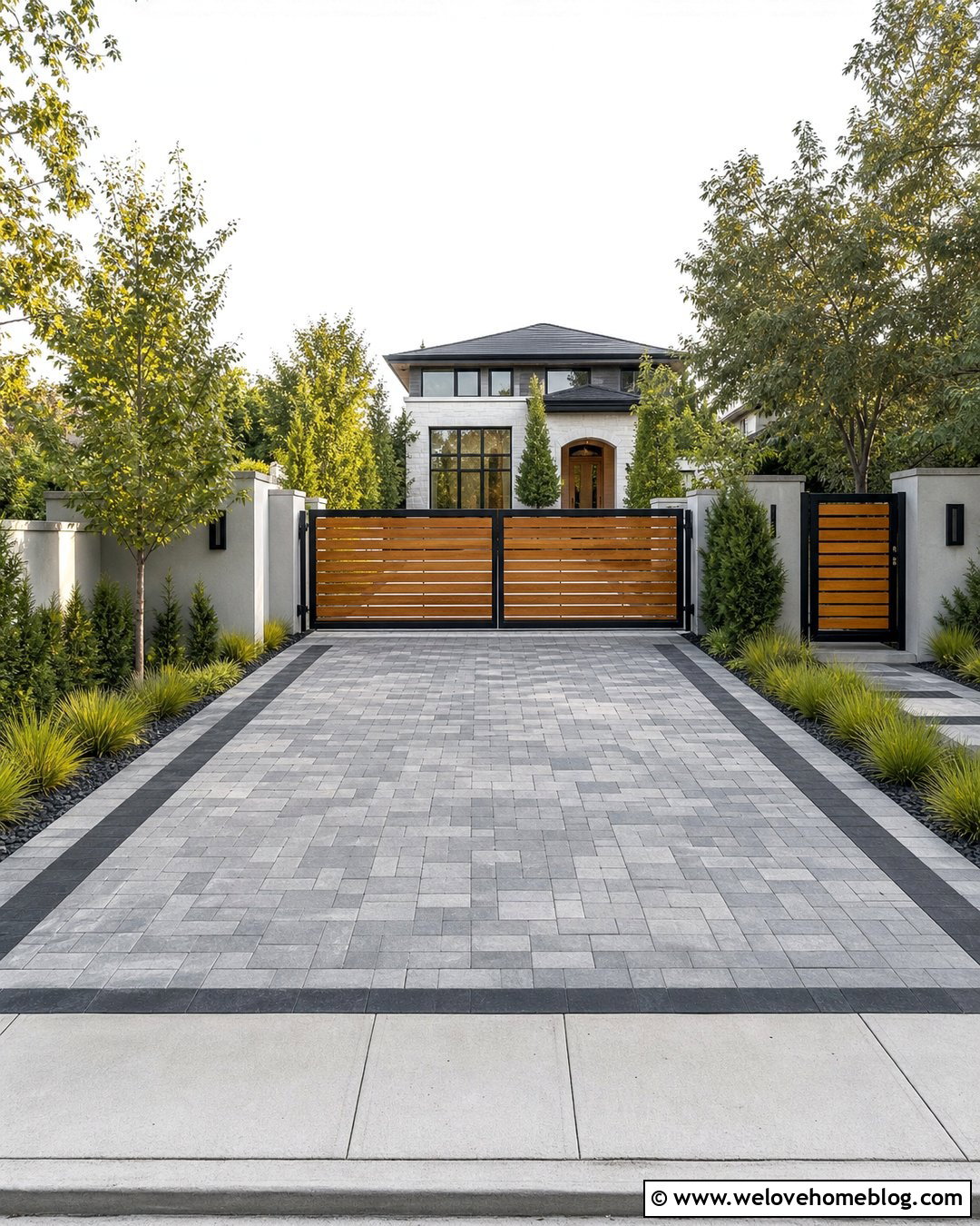 Wood And Metal Driveway Gate With Concrete Pavers - 25 Wood Driveway Gate Ideas