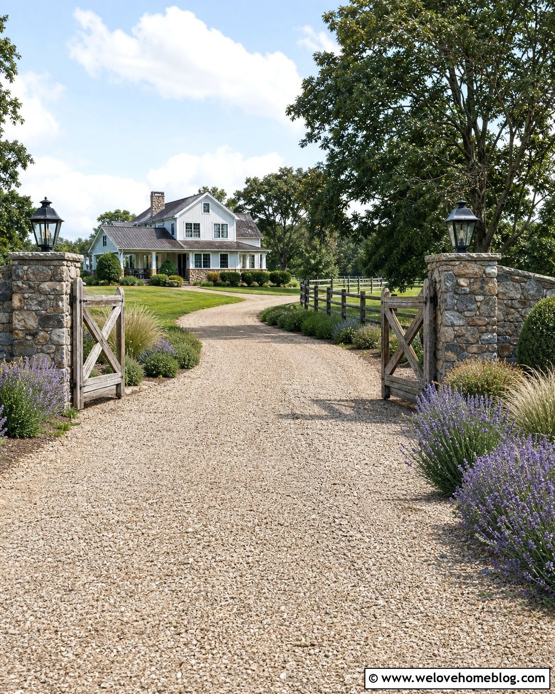 Wood Country Gate With Stone Pillars And Gravel Driveway - 20 Country Gates Driveway Ideas
