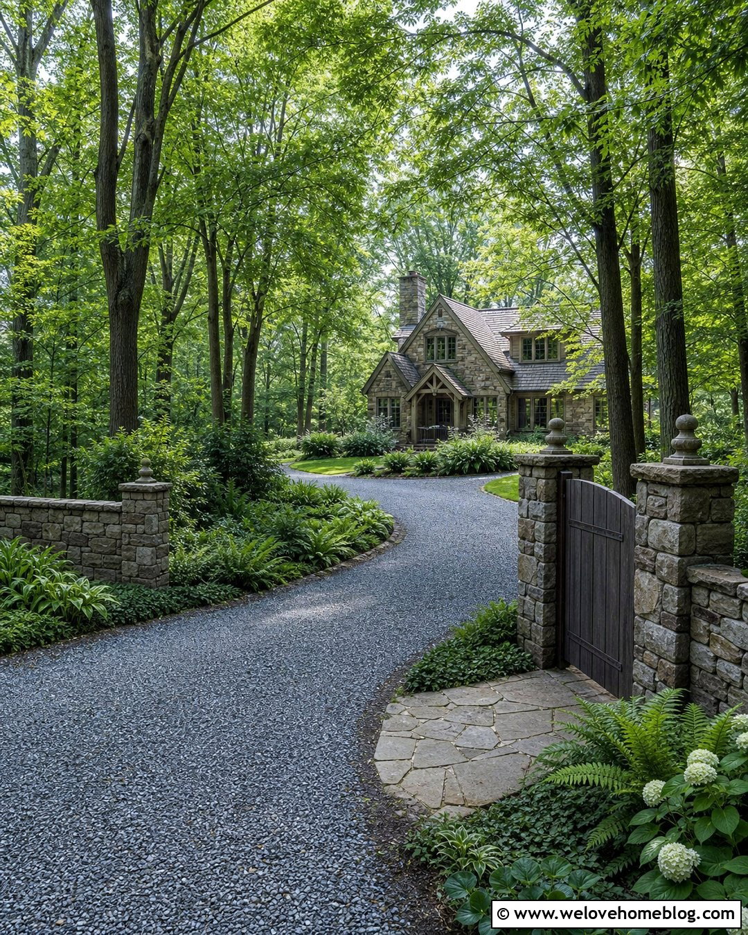 Wood Country Gate With Stone Walls And Curved Chip Driveway - 20 Country Gates Driveway Ideas