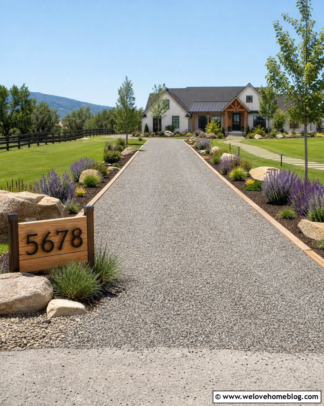 Wood Driveway Address Sign With Gravel Landscaping - 25 Driveway Address Sign Ideas