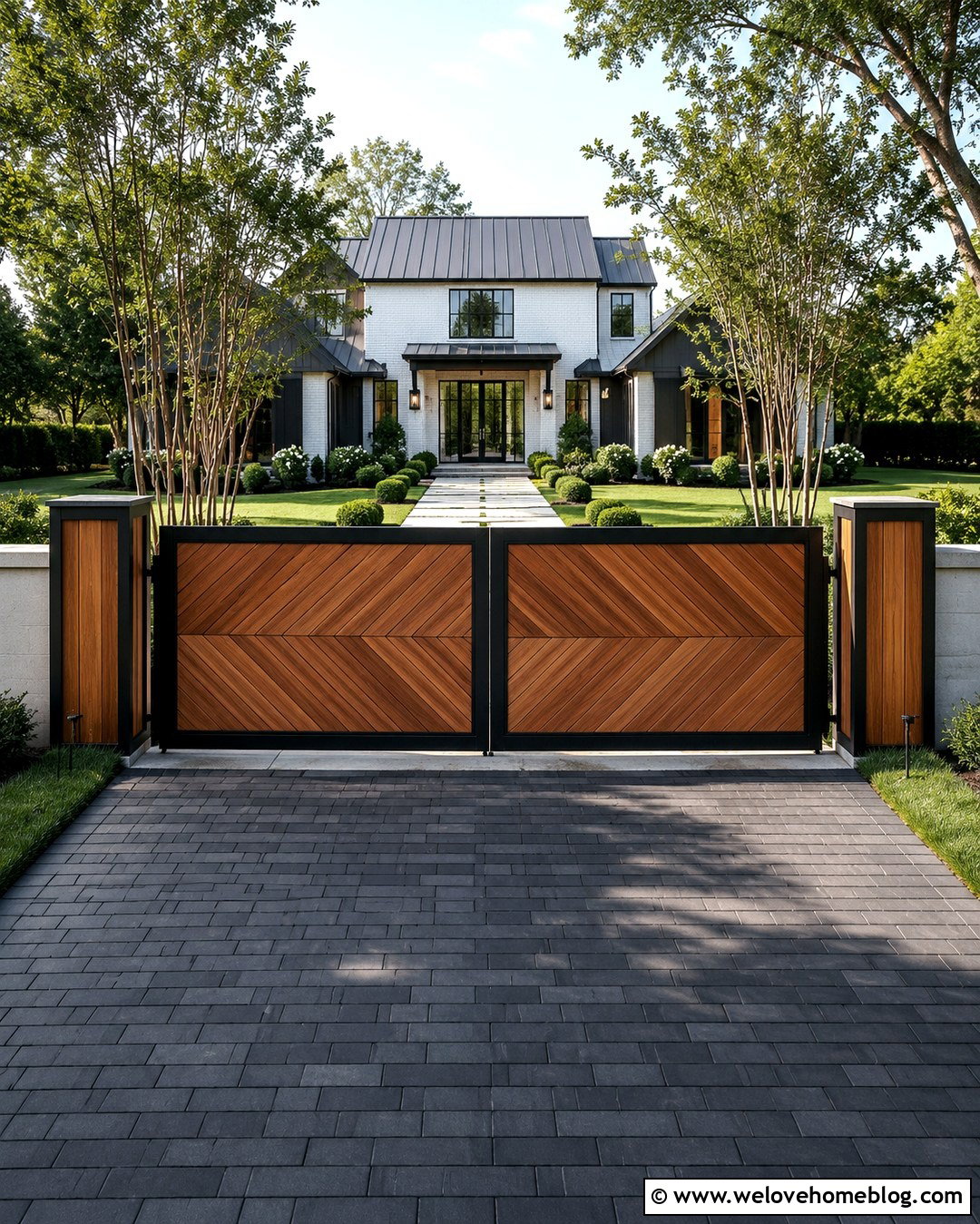 Wood Driveway Entrance With Black Metal Frame - 20 Natural Wood Driveway Entrance Ideas