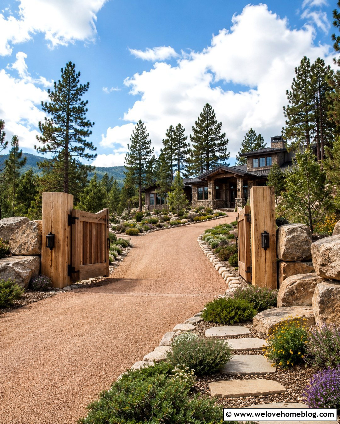Wood Driveway Entrance With Boulder Landscaping - 20 Natural Wood Driveway Entrance Ideas