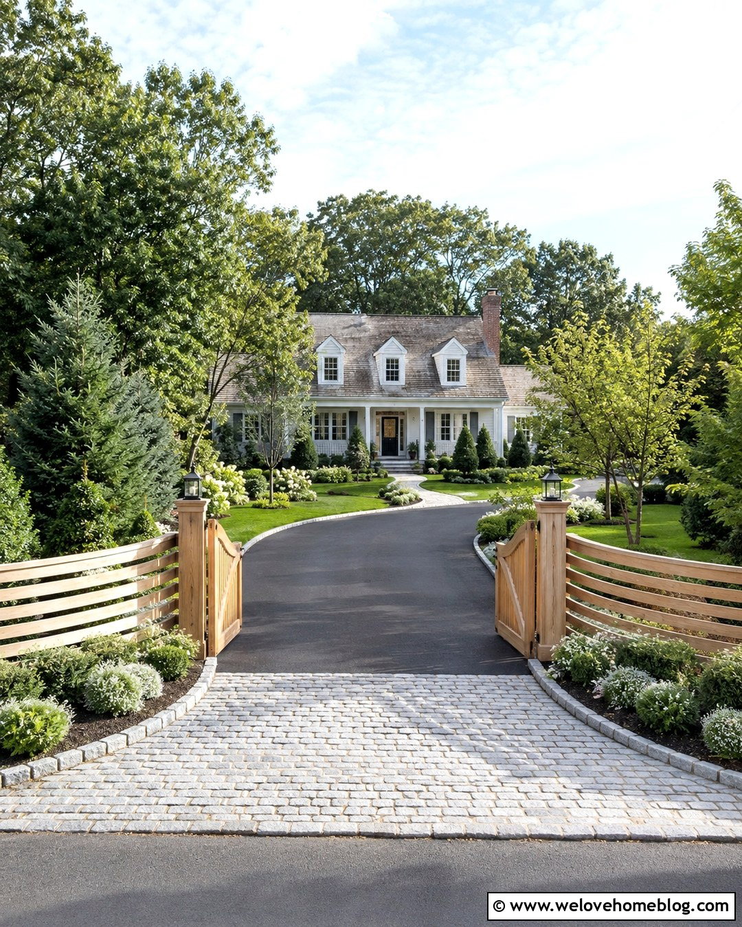 Wood Driveway Entrance With Curved Fencing - 20 Natural Wood Driveway Entrance Ideas
