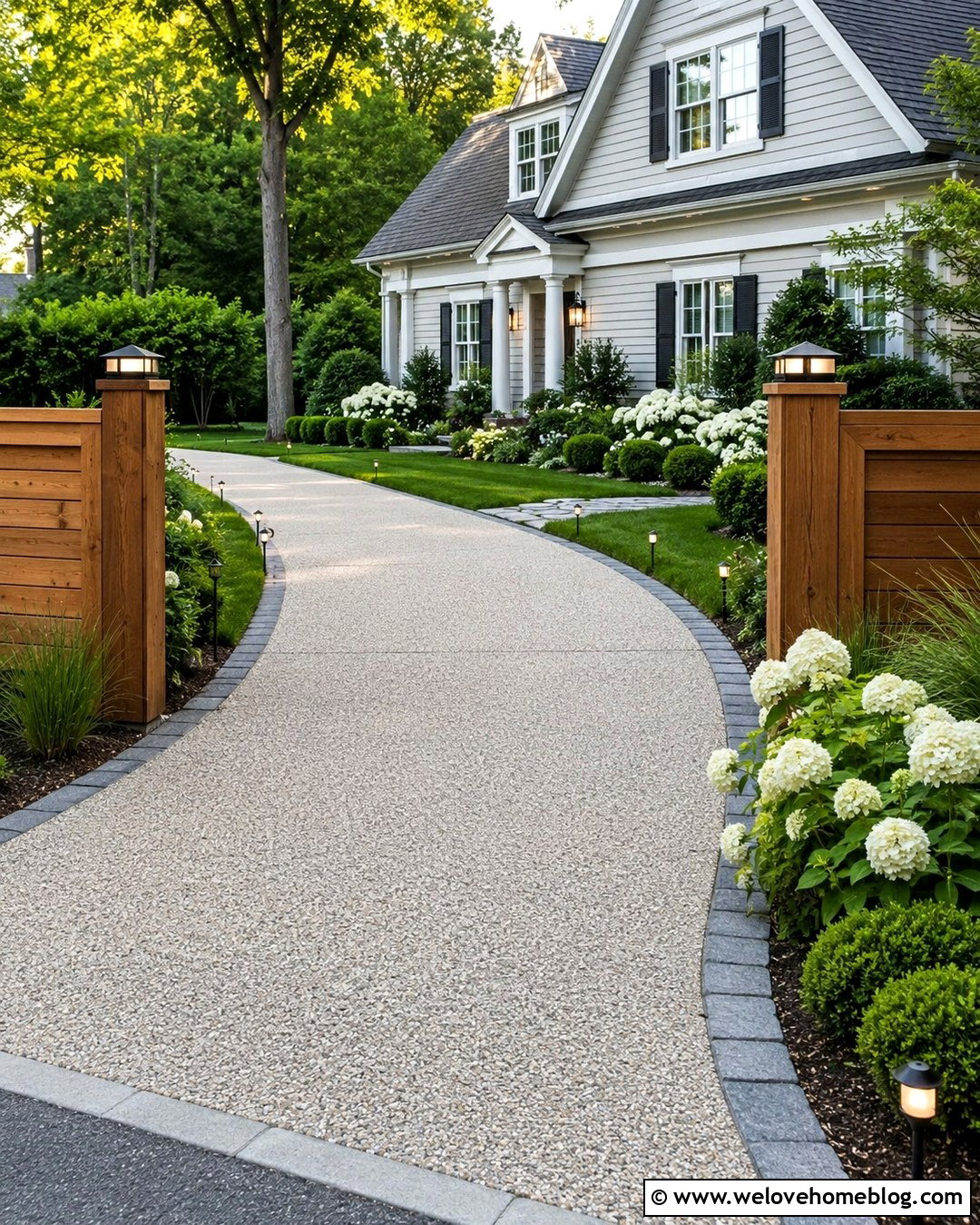 Wood Driveway Entrance With Solar Lighting - 20 Natural Wood Driveway Entrance Ideas