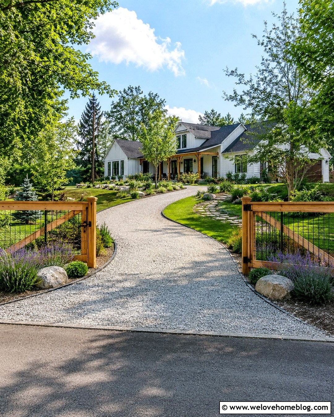 Wood Driveway Entrance With Wire Panels - 20 Natural Wood Driveway Entrance Ideas