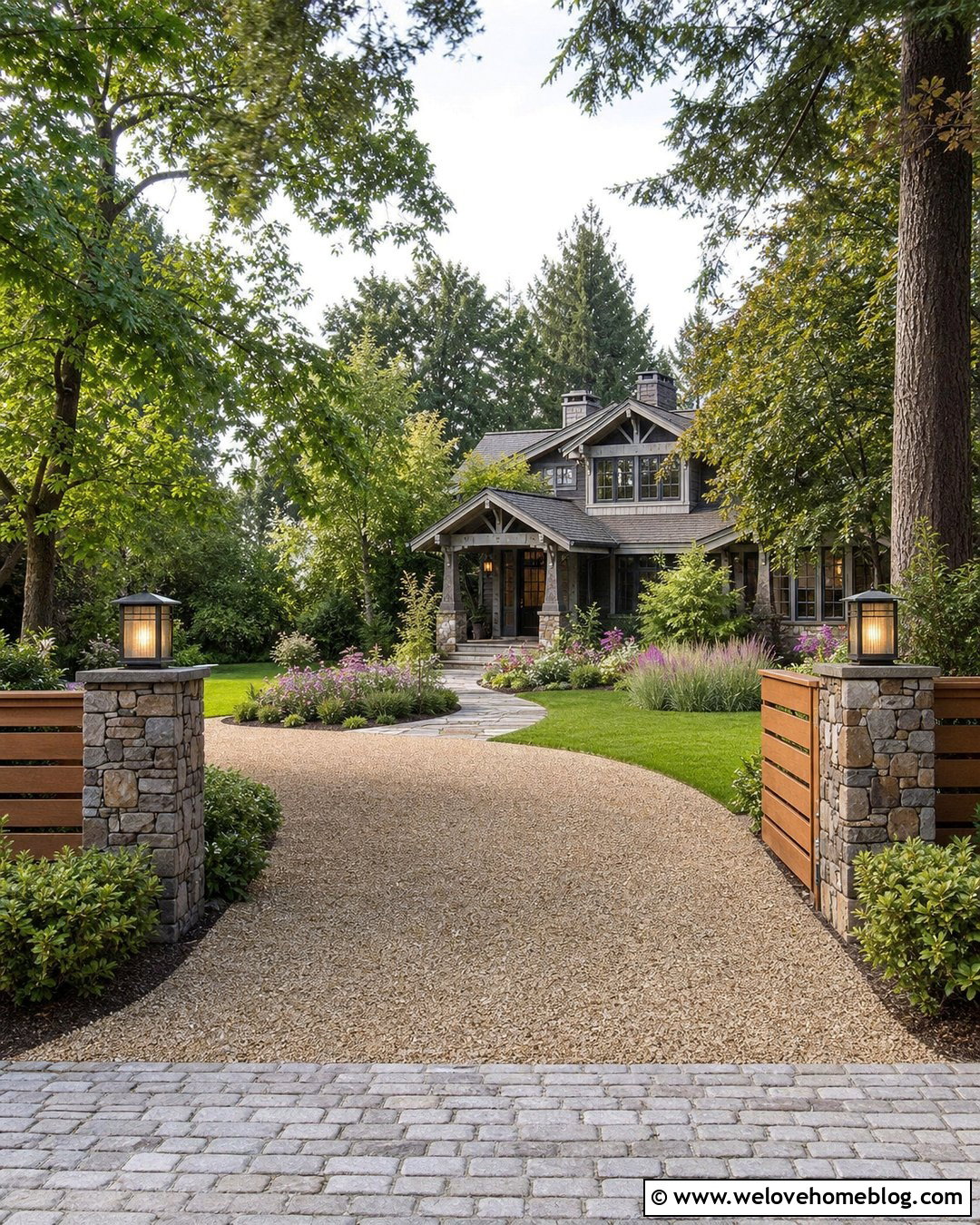 Wood Driveway Entry Fence With Stone Pillars - 20 Driveway Entry Fence Ideas
