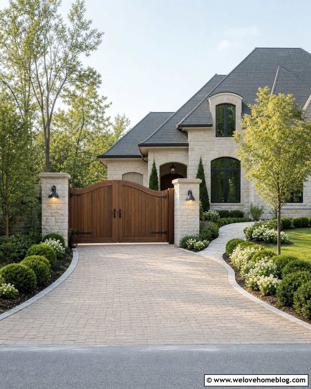 Wood Driveway Gate With Pillar Lighting - 35 Wood Gates Driveway Ideas