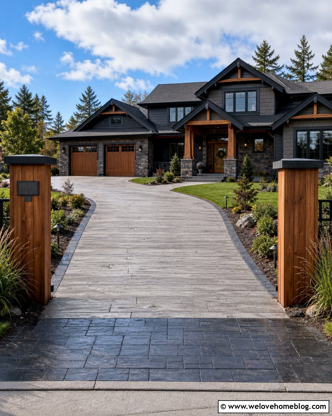 Wood Driveway With Wood Clad Pillars - 25 Wood Driveway Ideas