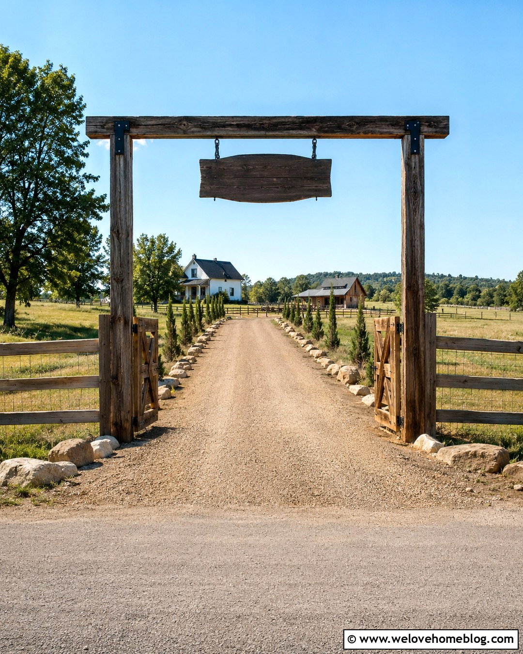 Wood Farm Gate With Overhead Timber Sign - 20 Wood Gates Driveway Farm Entrance Ideas