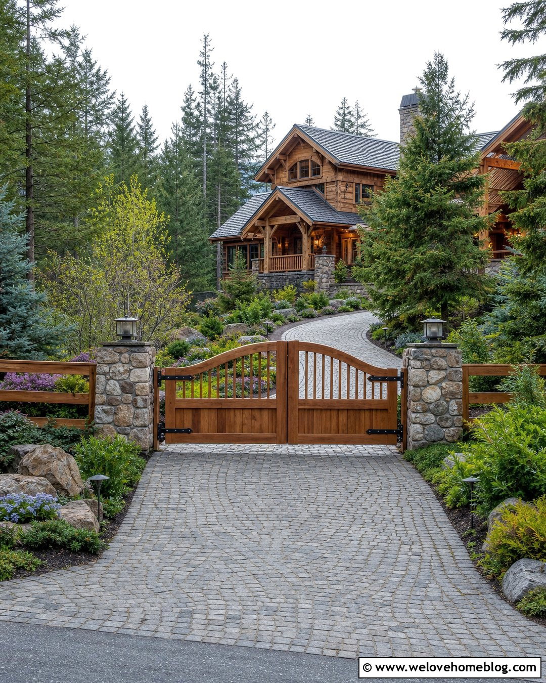 Wood Fence Driveway Gate With Stone Pillars - 20 Wood Fence Driveway Gate Ideas
