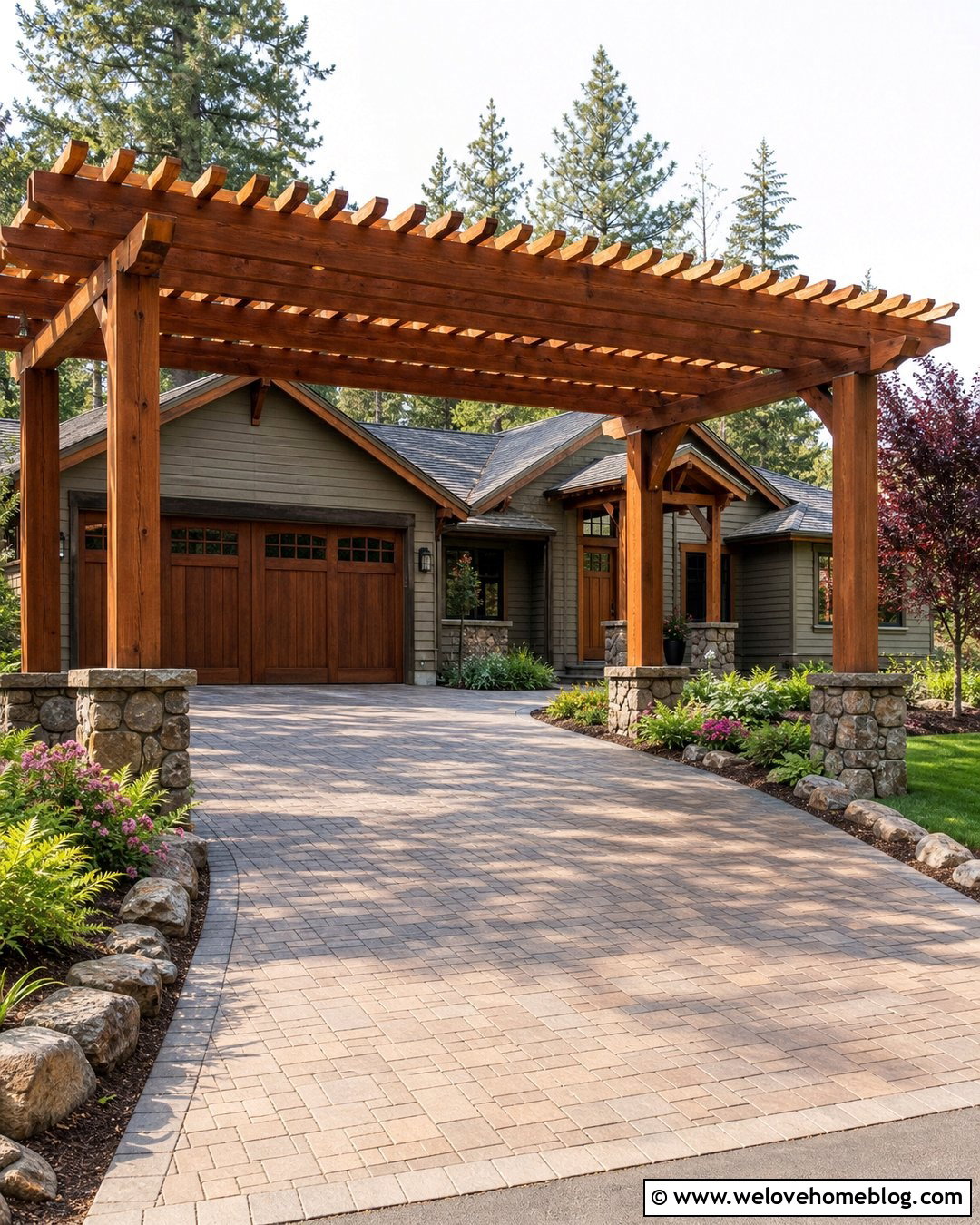 Wood Pergola Over A Paver Driveway - 25 Driveway Shade Ideas
