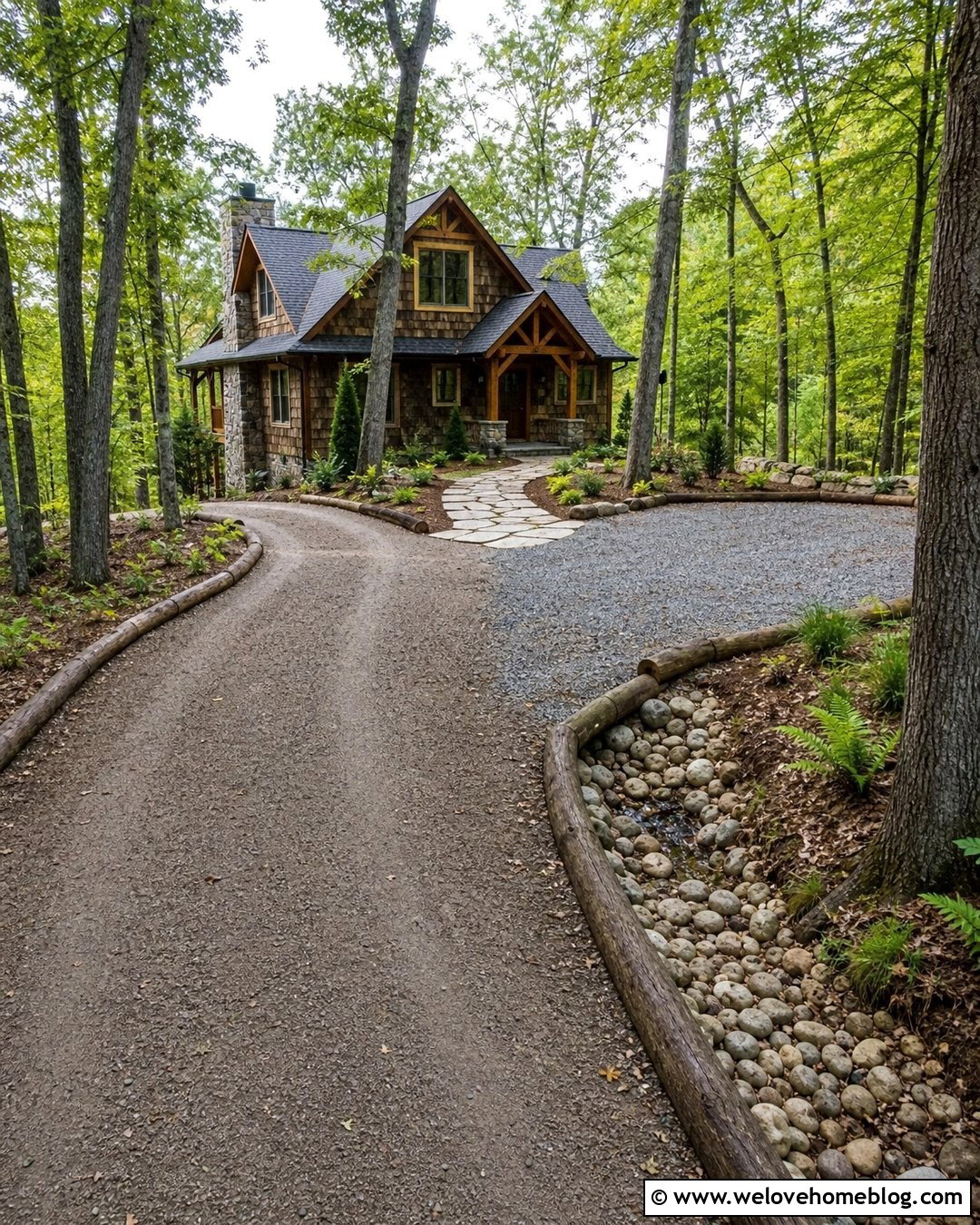 Wooded Crusher Run Driveway With Log Edging - 40 driveway on a budget ideas