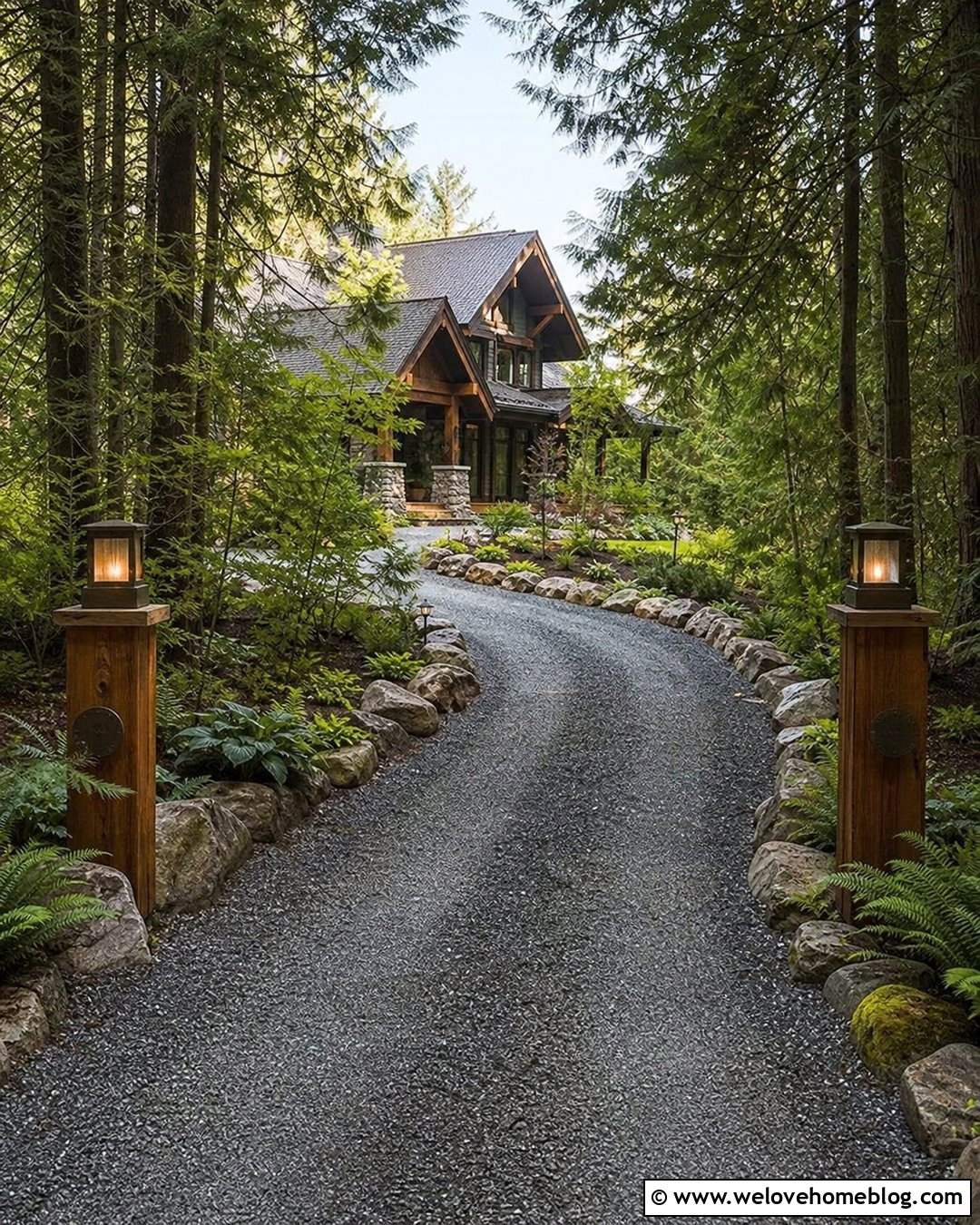 Wooded Driveway Entrance With Natural Stone Borders - 20 Entryway Driveway Ideas