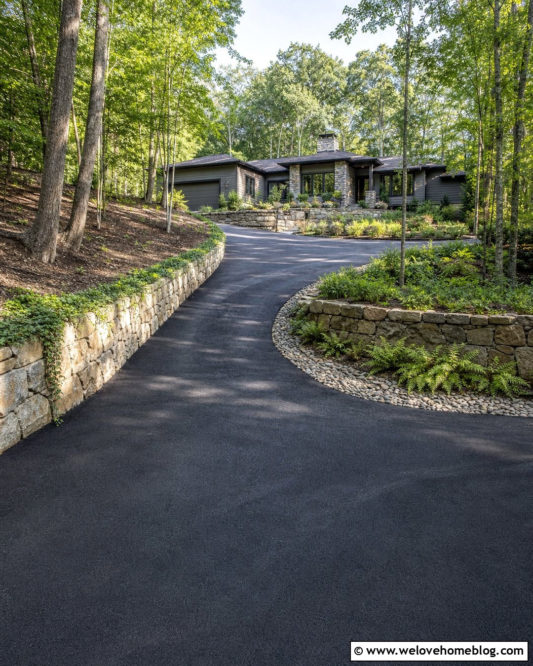 Wooded Driveway With Low Retaining Walls - 20 Driveway Through Woods Ideas