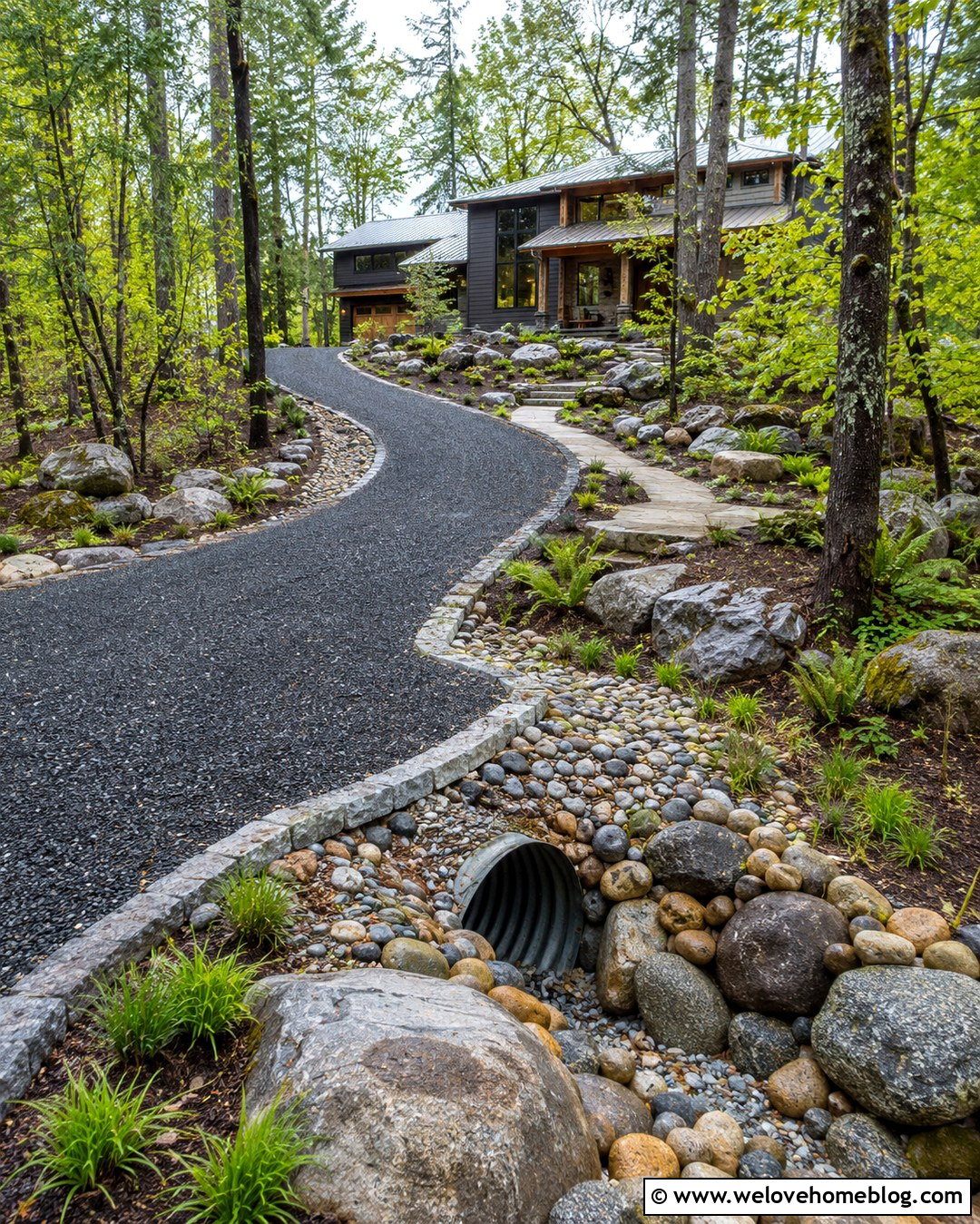Wooded Driveway With River Rock Drainage - 20 wooded driveway landscaping ideas