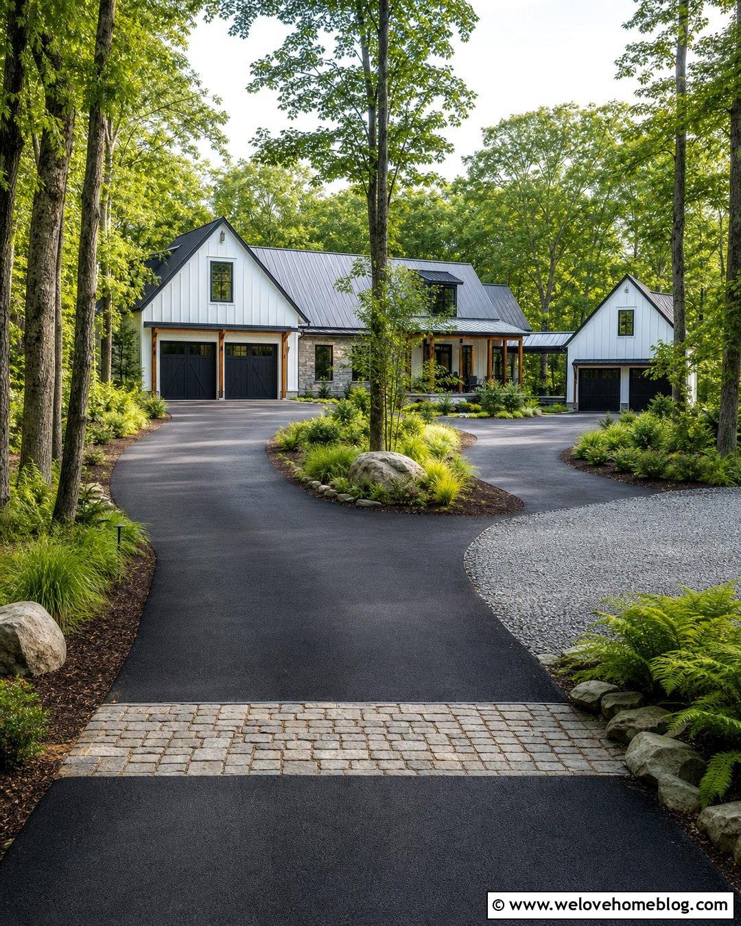 Wooded Driveway With Split Garage Approach - 20 Driveway Through Woods Ideas
