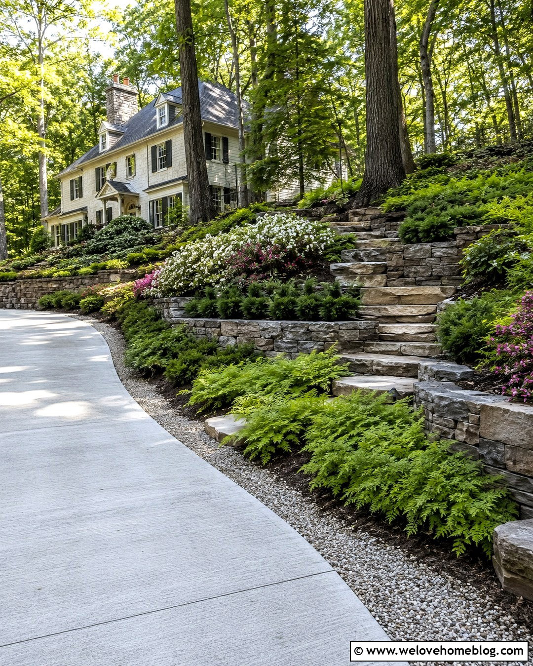 Wooded Driveway With Stepped Planting Beds - 20 wooded driveway landscaping ideas