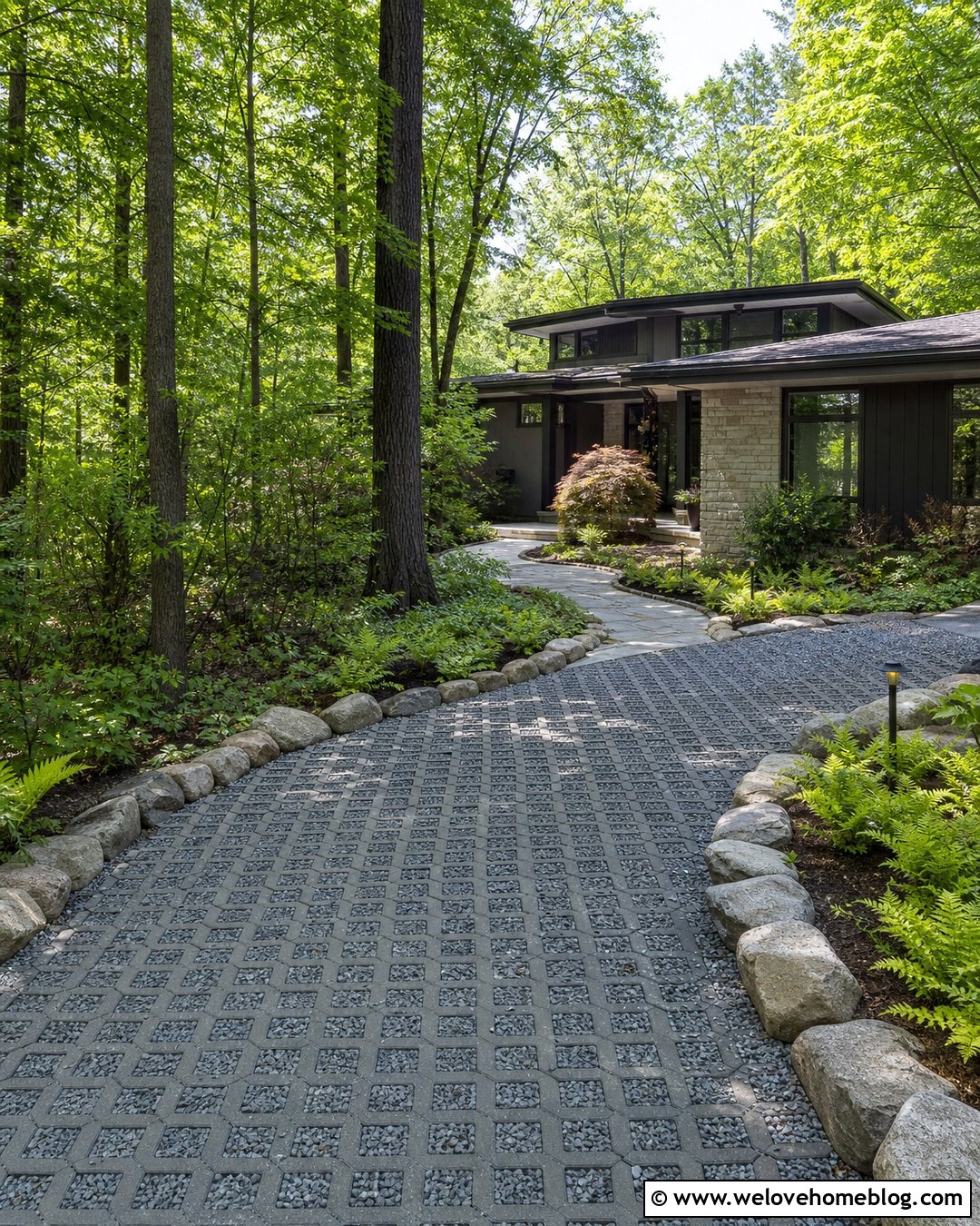 Wooded Turfstone Driveway With Stone Infill - 20 Turfstone Pavers Driveway Ideas