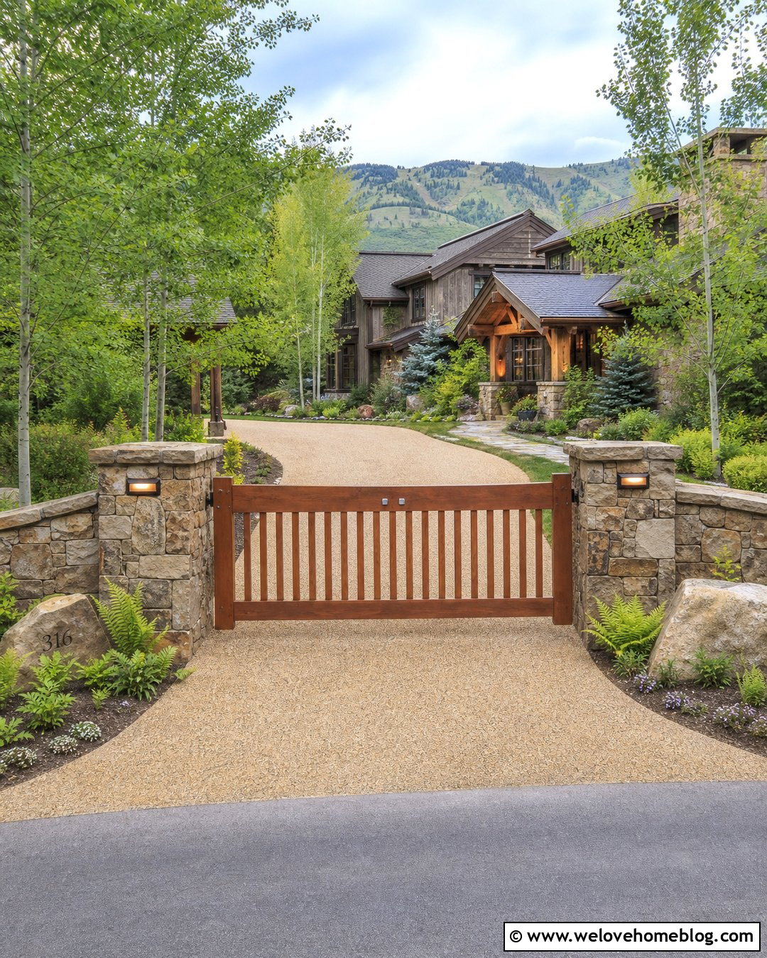 Wooden Driveway Gate With Natural Stone Wall - 20 Wooden Driveway Gate Ideas