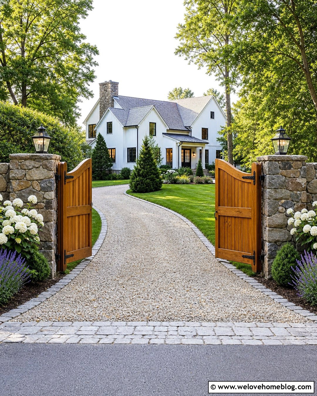 Wooden Driveway Gate With Stone Pillars - 35 Front Gate Entrance Driveway Ideas